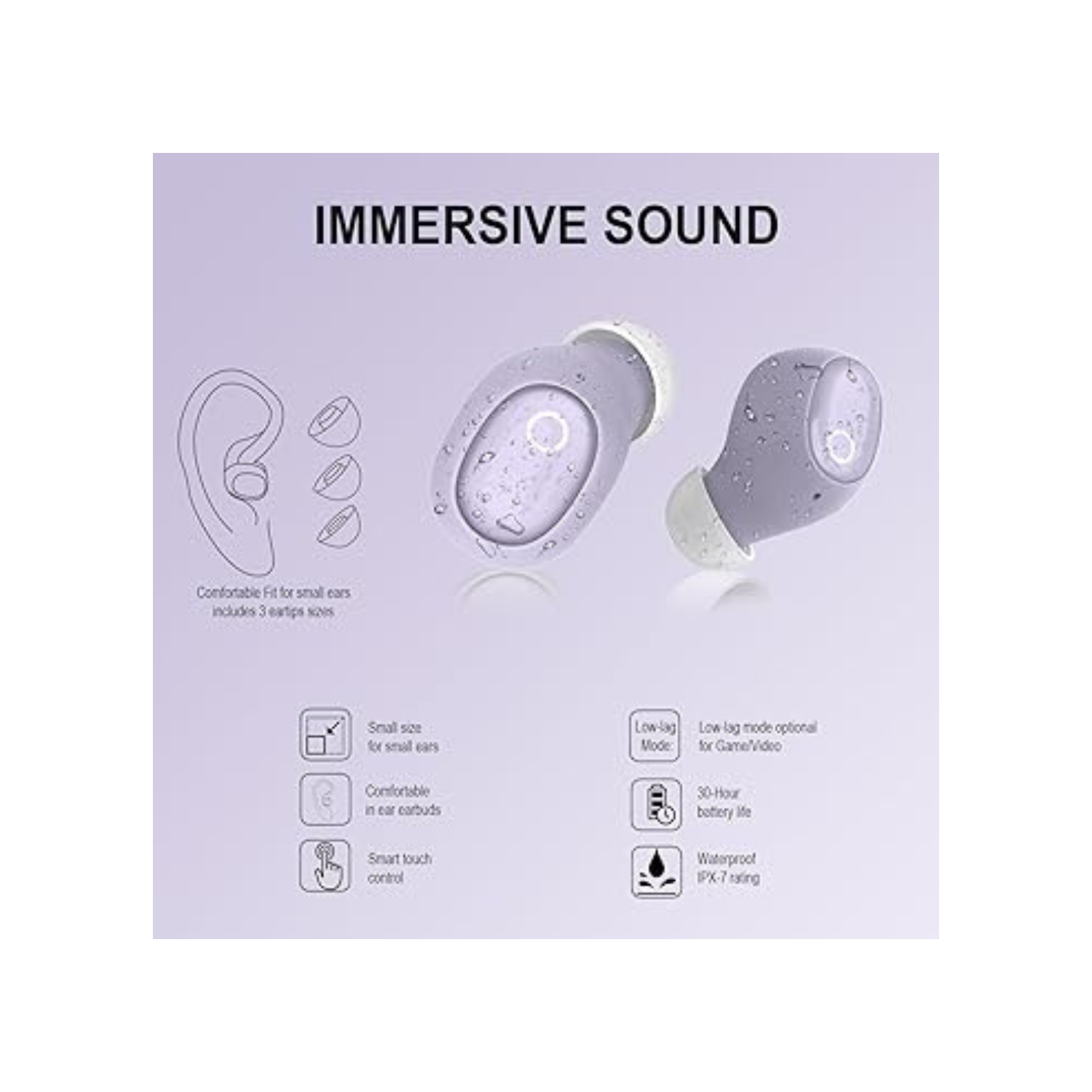 eleror Wireless Earbuds for Small Ears Women Men, Purple Bluetooth Earbuds for Small Ear Canals, Mini Ear Buds Wireless Bluetooth Earphone for