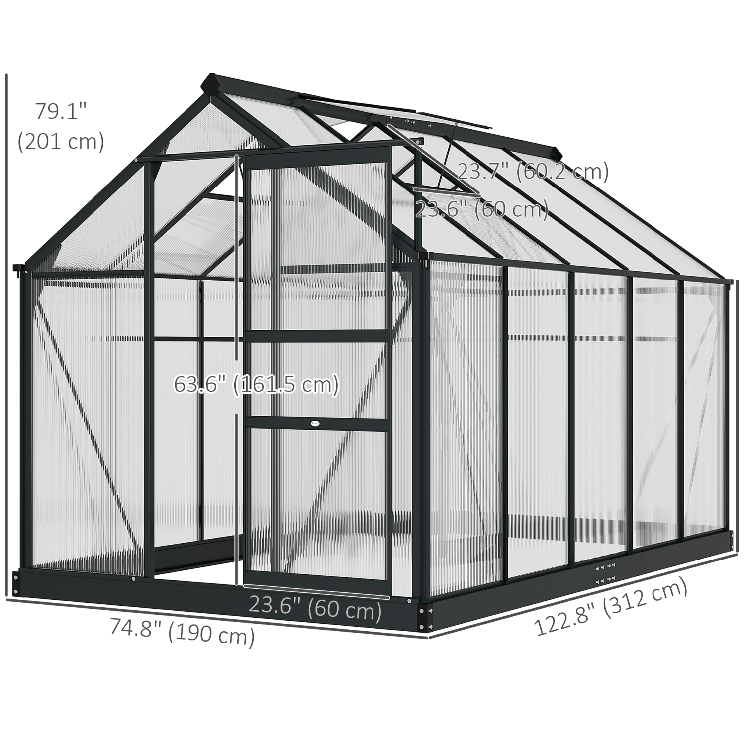 Greenhouse en polycarbonate Outsunny, 6 x 10 x 6,6 pi, ensemble de maison verte, plantes cultivées, cadre en feuille en aluminium galvanisé avec