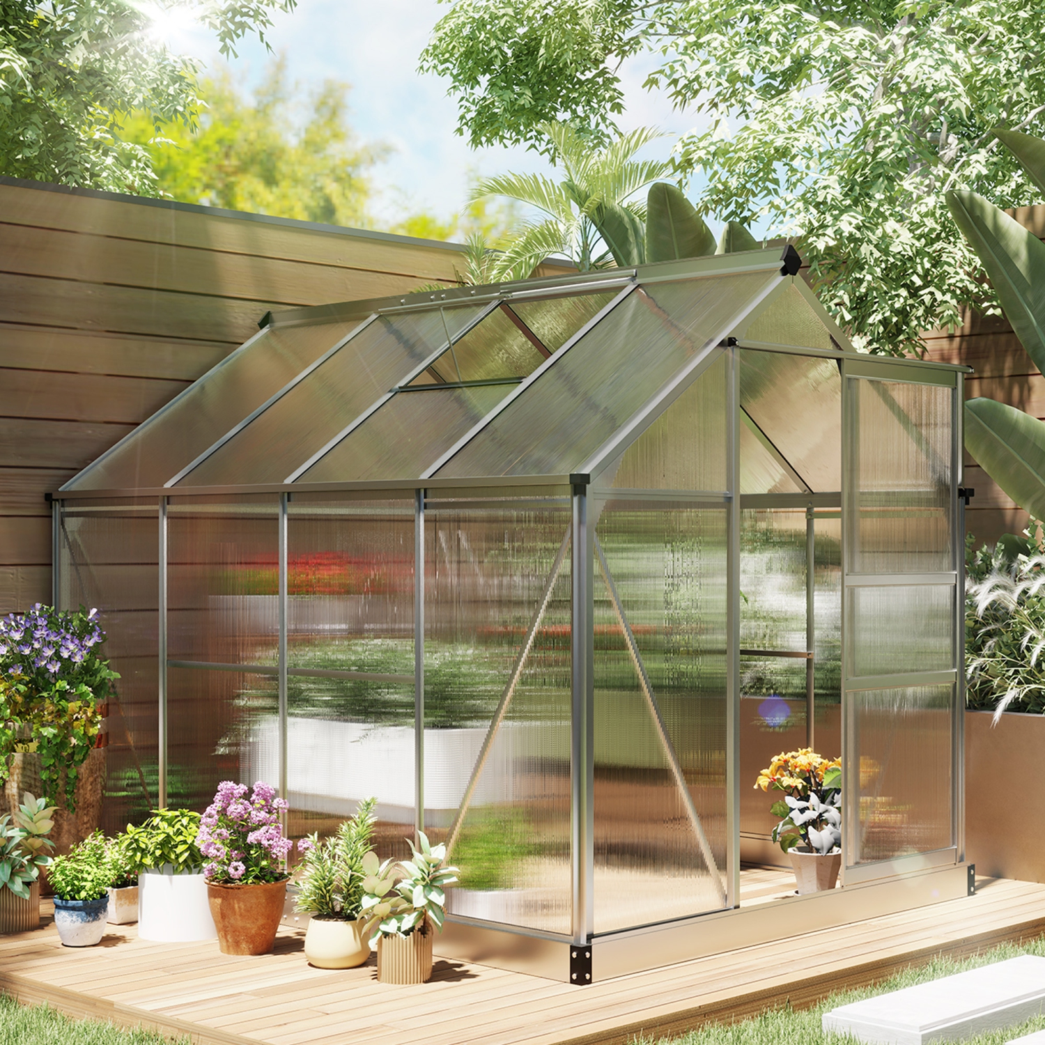 Greenhouse en polycarbonate Outsunny, 6 x 8 x 6,6 pi, ensemble de maison verte, plantes cultivées, cadre en feuille en aluminium galvanisé avec