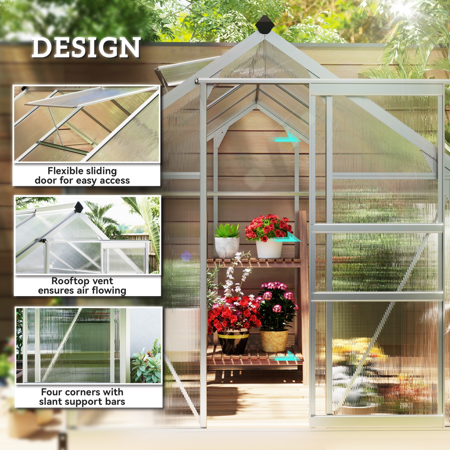 Greenhouse en polycarbonate Outsunny, 6 x 8 x 6,6 pi, ensemble de maison verte, plantes cultivées, cadre en feuille en aluminium galvanisé avec