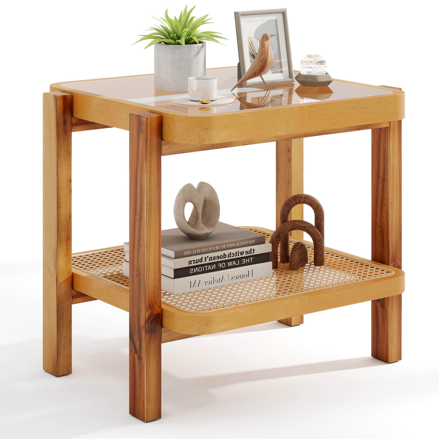 Table de bout 1 PCS de Costway avec dessus en verre trempé, pattes en bois d'acacia, étagère de rangement en rotin