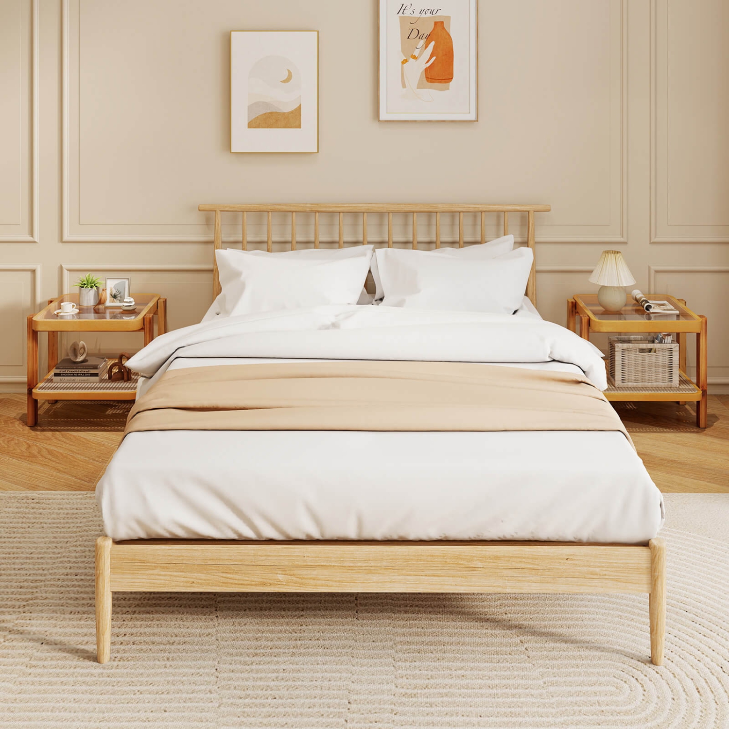 Table de bout 1 PCS de Costway avec dessus en verre trempé, pattes en bois d'acacia, étagère de rangement en rotin