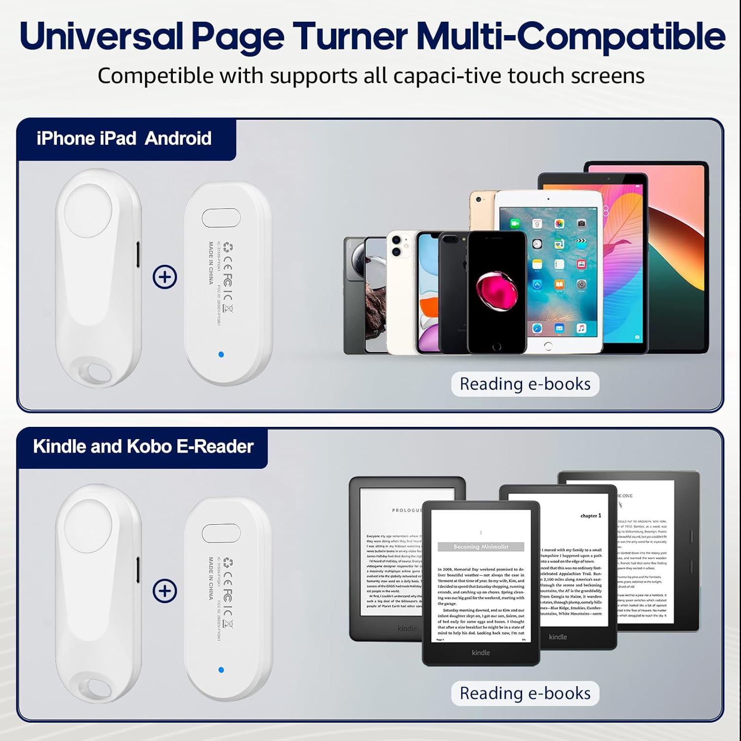 Télécommande Page Turner pour Kindle Paperwhite Oasis Liseuses Kobo, Page Turner Clicker pour tablettes iPad Lecture de romans, Obturateur de caméra