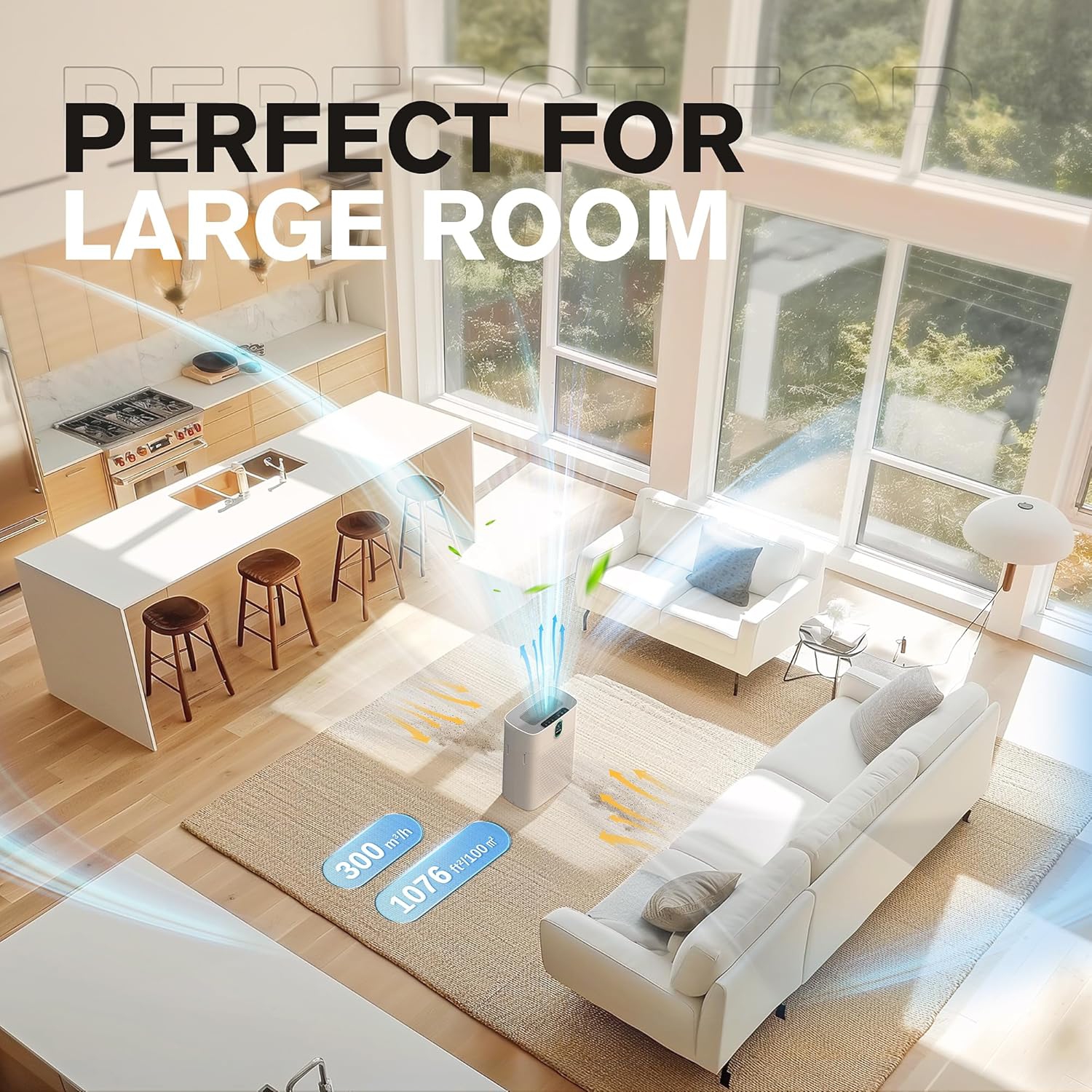 MORENTO HY4866 Air Purifier Up to 1076 Sqft with HEPA Filter and Air Quality Sensor for Home Large Room Bedroom, Double-sided Air Inlet, 24db, White