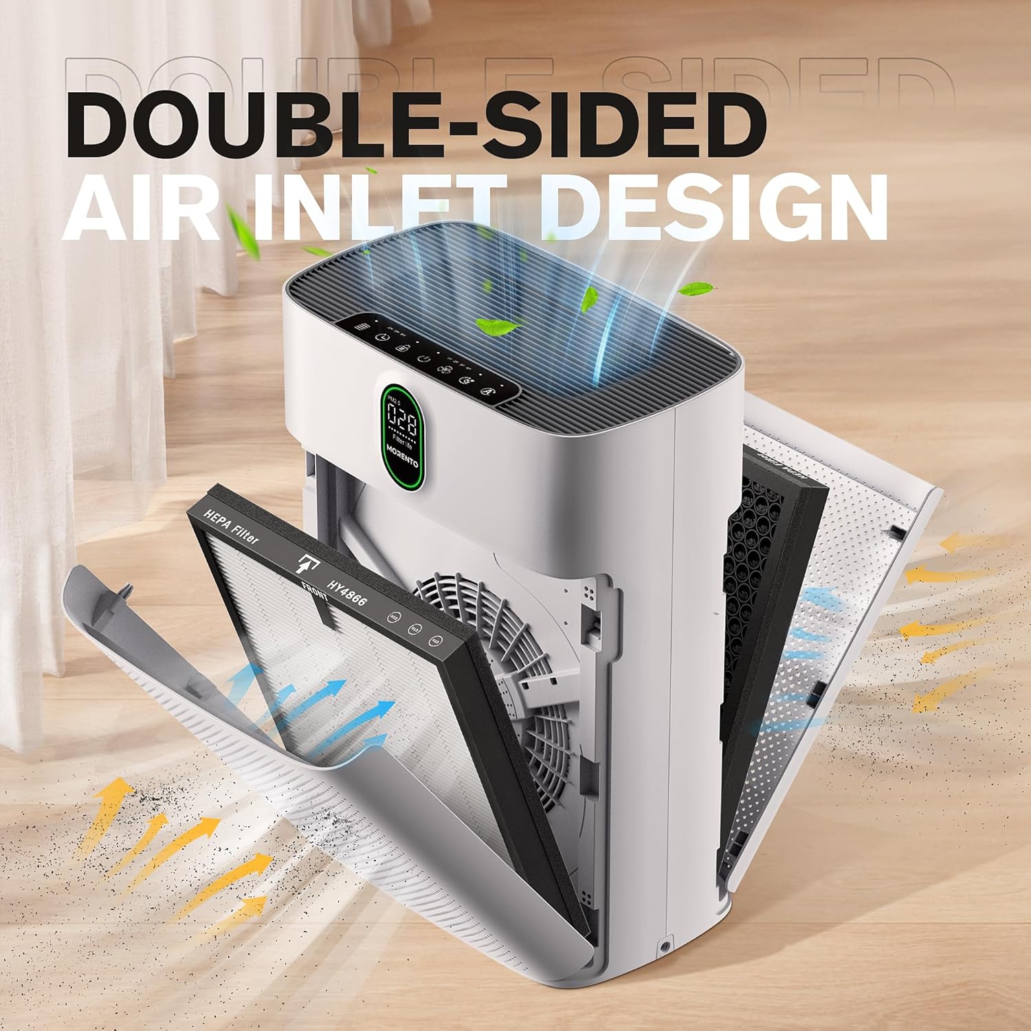 MORENTO HY4866 Air Purifier Up to 1076 Sqft with HEPA Filter and Air Quality Sensor for Home Large Room Bedroom, Double-sided Air Inlet, 24db, White