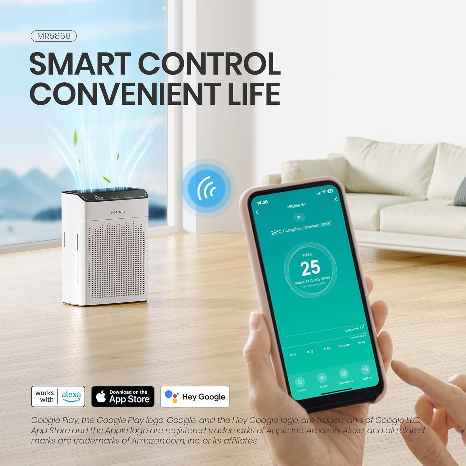 MORENTO MR5866 Smart Air Purifier Up to 1290 ft² for Home with HEPA Filter and PM 2.5 Air Quality Monitor, Wi-Fi and Alexa compatible, White