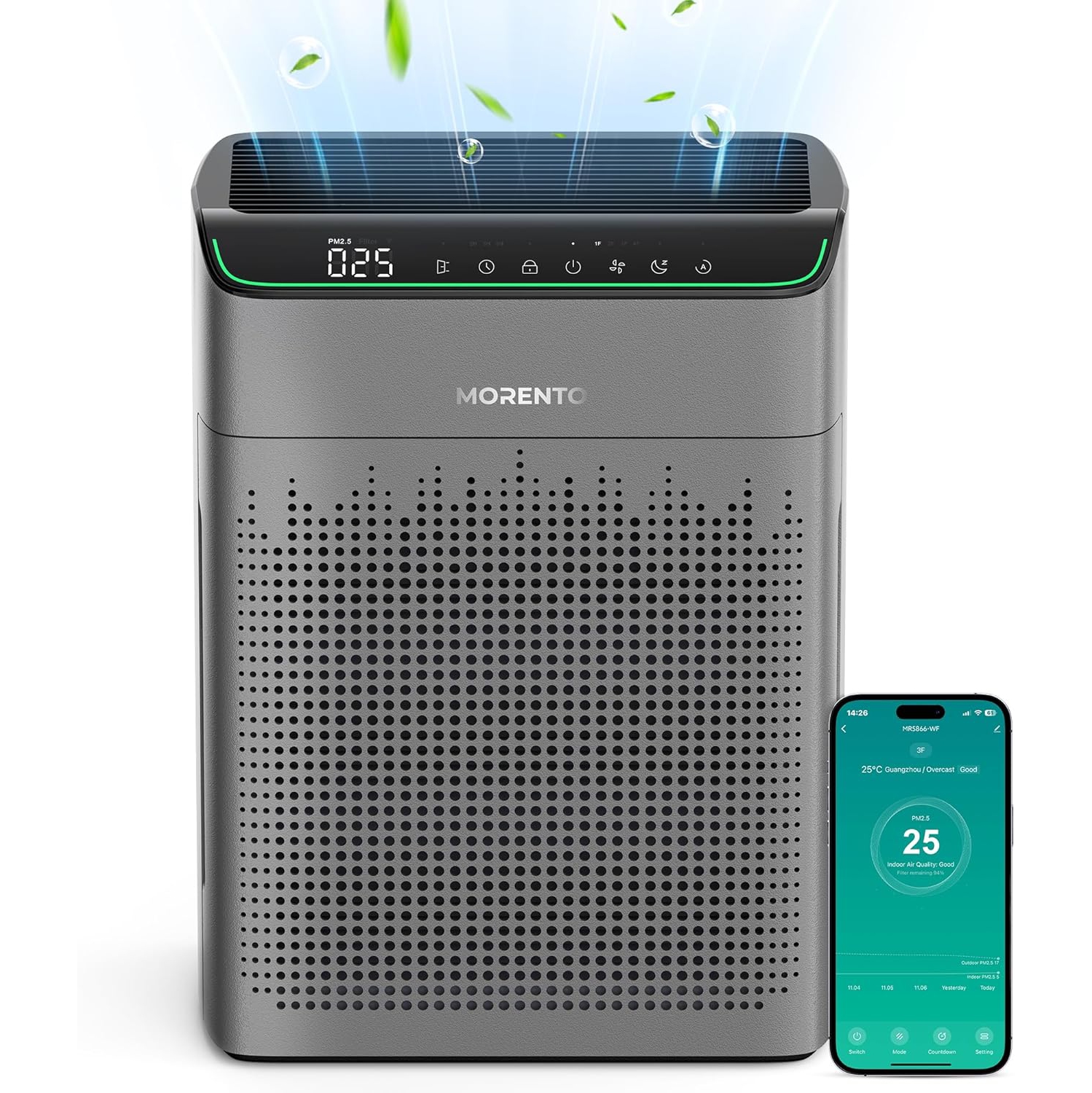 MORENTO MR5866 Smart Air Purifier Up to 1290 ft² for Home with HEPA Filter and PM 2.5 Air Quality Monitor, Wi-Fi and Alexa compatible, Grey