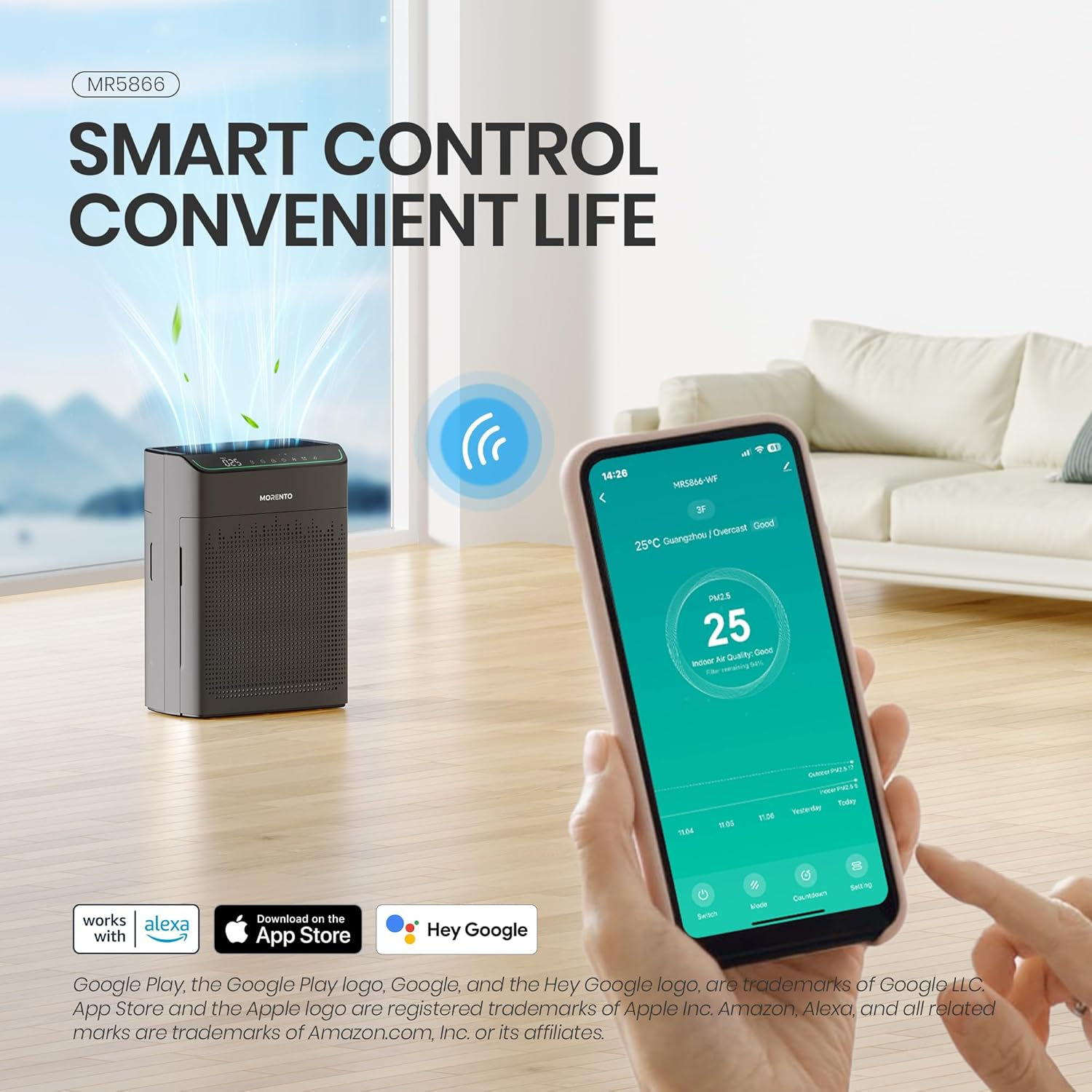 MORENTO MR5866 Smart Air Purifier Up to 1290 ft² for Home with HEPA Filter and PM 2.5 Air Quality Monitor, Wi-Fi and Alexa compatible, Grey