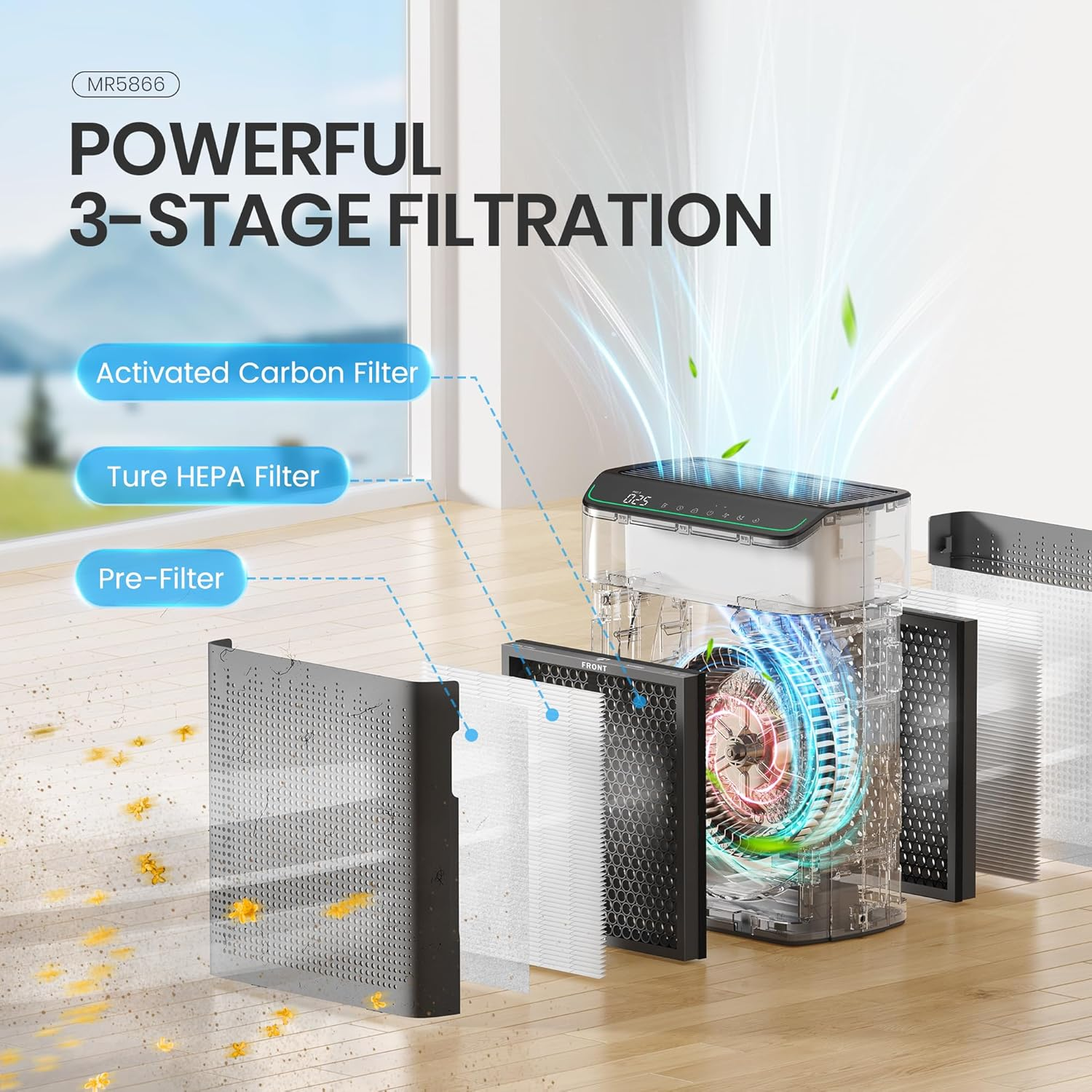 MORENTO MR5866 Smart Air Purifier Up to 1290 ft² for Home with HEPA Filter and PM 2.5 Air Quality Monitor, Wi-Fi and Alexa compatible, Grey