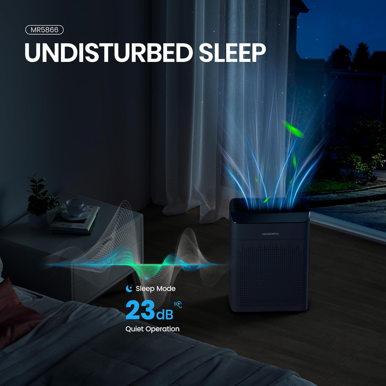 MORENTO MR5866 Smart Air Purifier Up to 1290 ft² for Home with HEPA Filter and PM 2.5 Air Quality Monitor, Wi-Fi and Alexa compatible, Grey