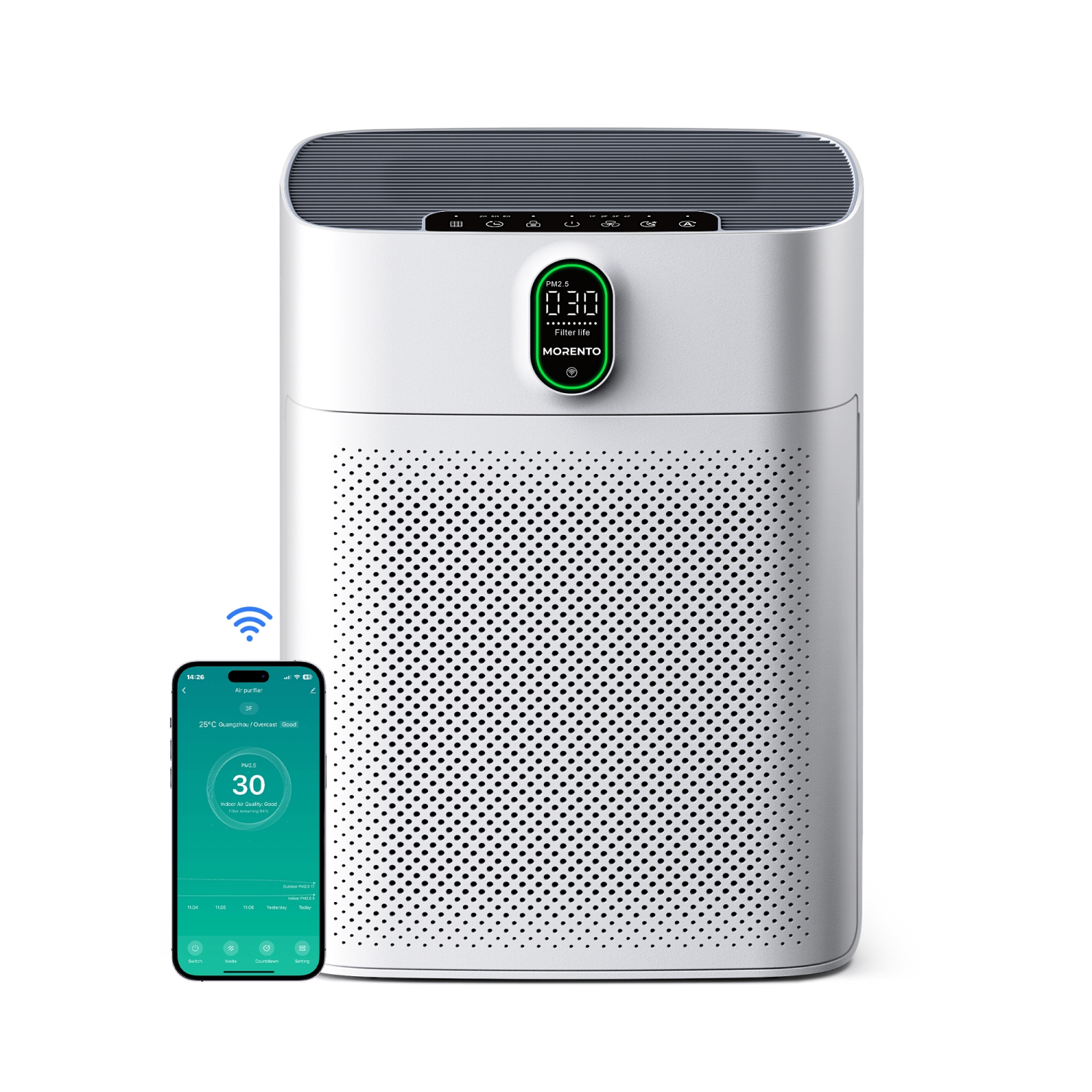 MORENTO HY4866 Smart Air Purifier Up to 1076 Sqft with HEPA Filter and Air Quality Sensor for Home Large Room Bedroom, Double-sided Air Inlet, 24db,