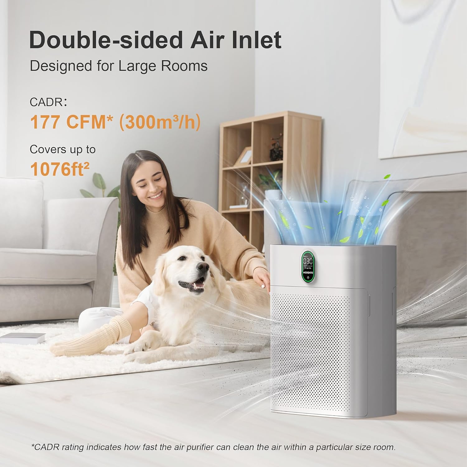 MORENTO HY4866 Smart Air Purifier Up to 1076 Sqft with HEPA Filter and Air Quality Sensor for Home Large Room Bedroom, Double-sided Air Inlet, 24db,