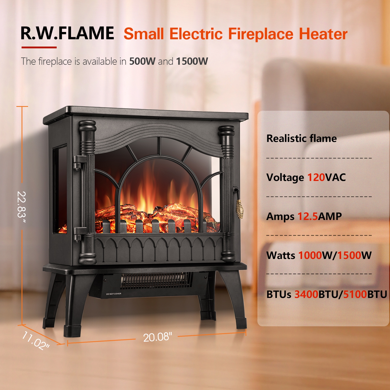 Electric Fireplace Heater, Infrared Fireplace Heater 1000/1500W, 3D Realistic Flames Effect, ETL Certificated, Adjustable Flame Brightness