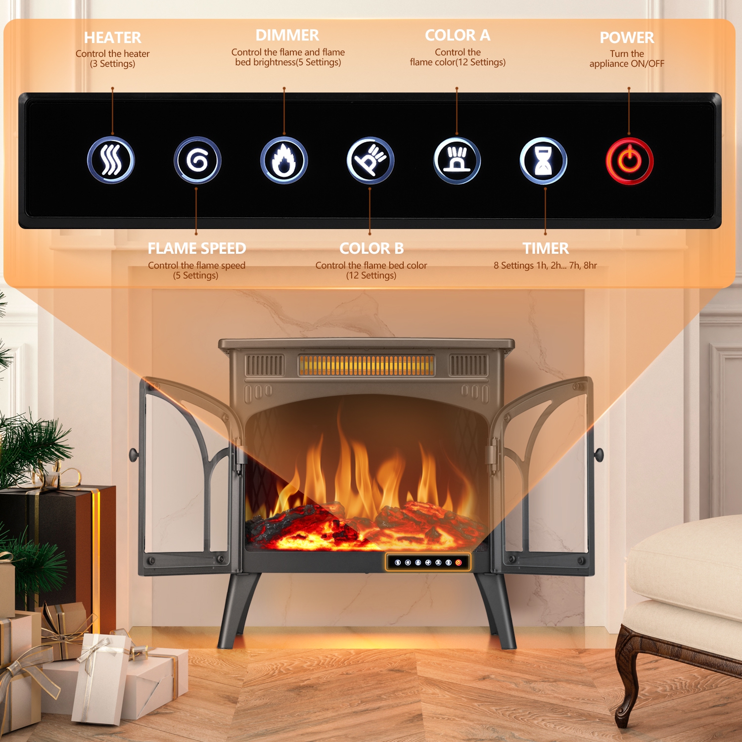 Antarctic Star Infrared Classic Electric Fireplace Stove, Freestanding Fireplace Heater Adjustable Brightness and Color, Overheating Protection,GREY