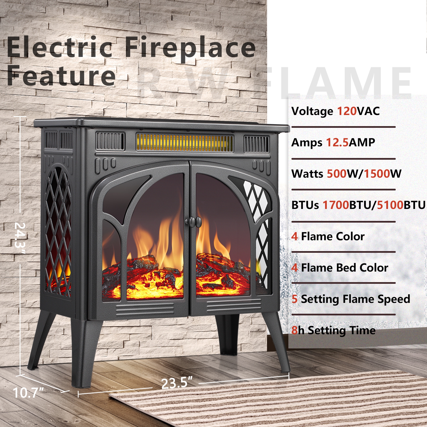 Antarctic Star Infrared Classic Electric Fireplace Stove, Freestanding Fireplace Heater Adjustable Brightness and Color, Overheating Protection,GREY