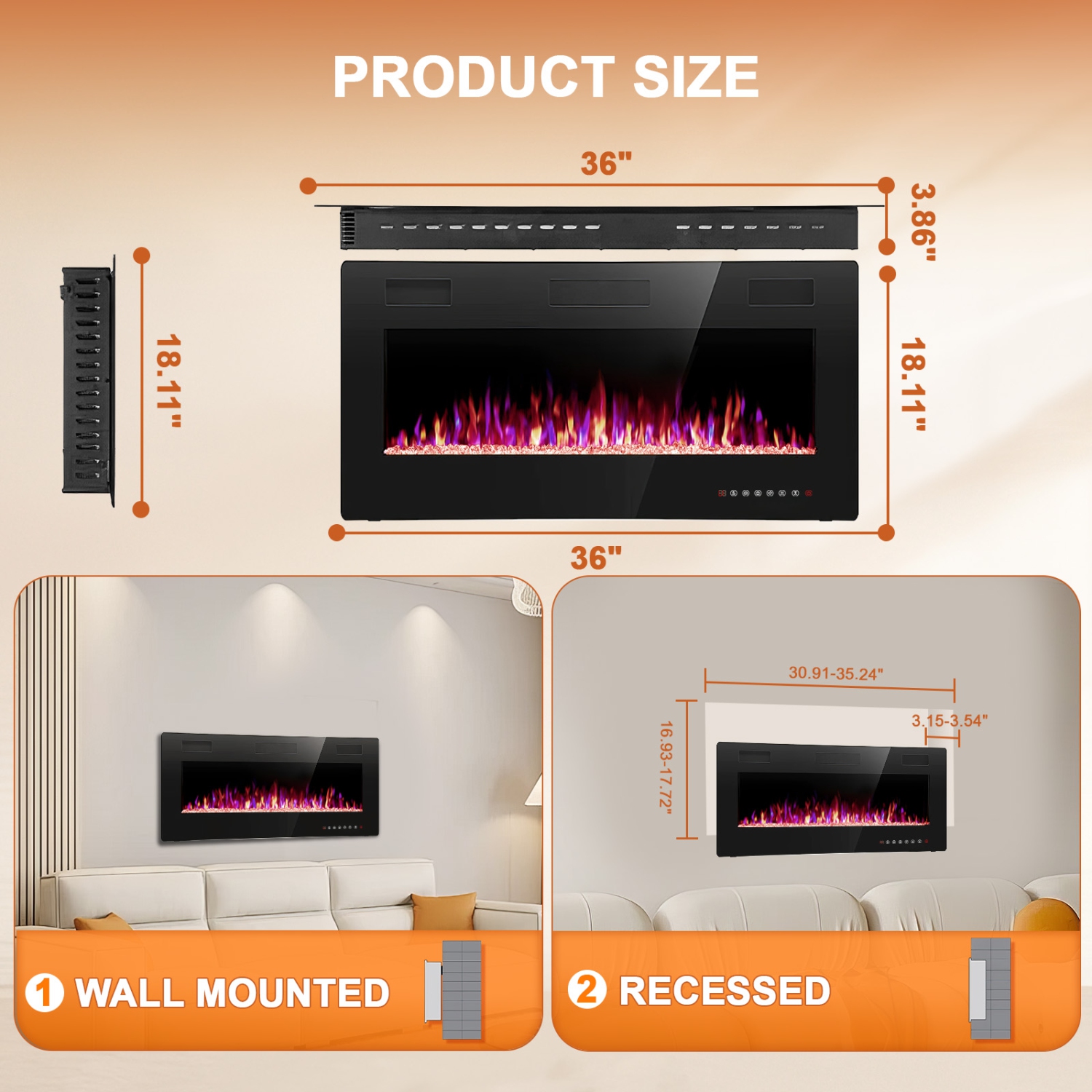 Antarctic Star 36 inch Wall Mounted Recessed Electric Fireplace Insert Flush Mount Linear Fireplace, Ultra-Thin Lightweight LED Fireplace Heater Fit