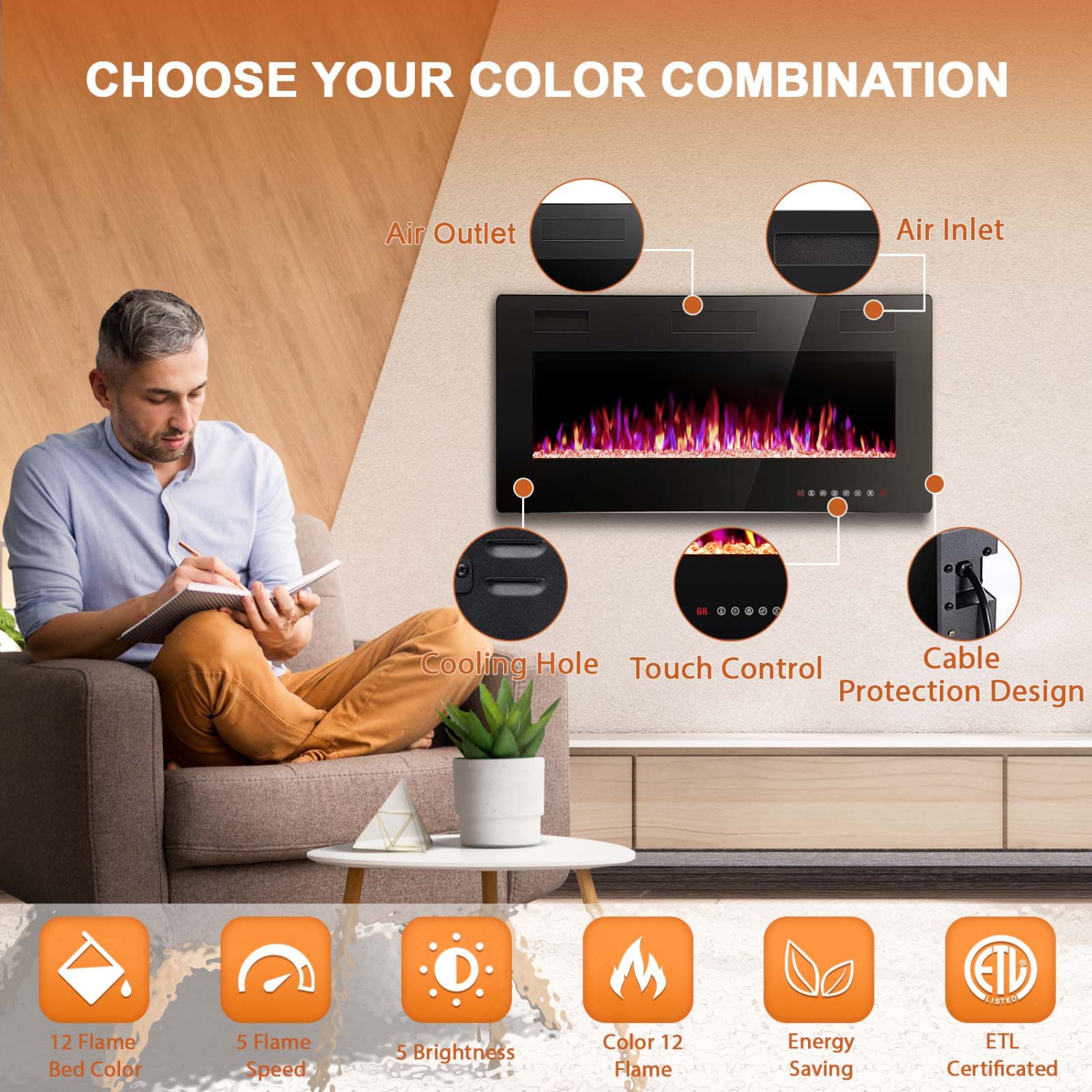 Antarctic Star 36 inch Wall Mounted Recessed Electric Fireplace Insert Flush Mount Linear Fireplace, Ultra-Thin Lightweight LED Fireplace Heater Fit