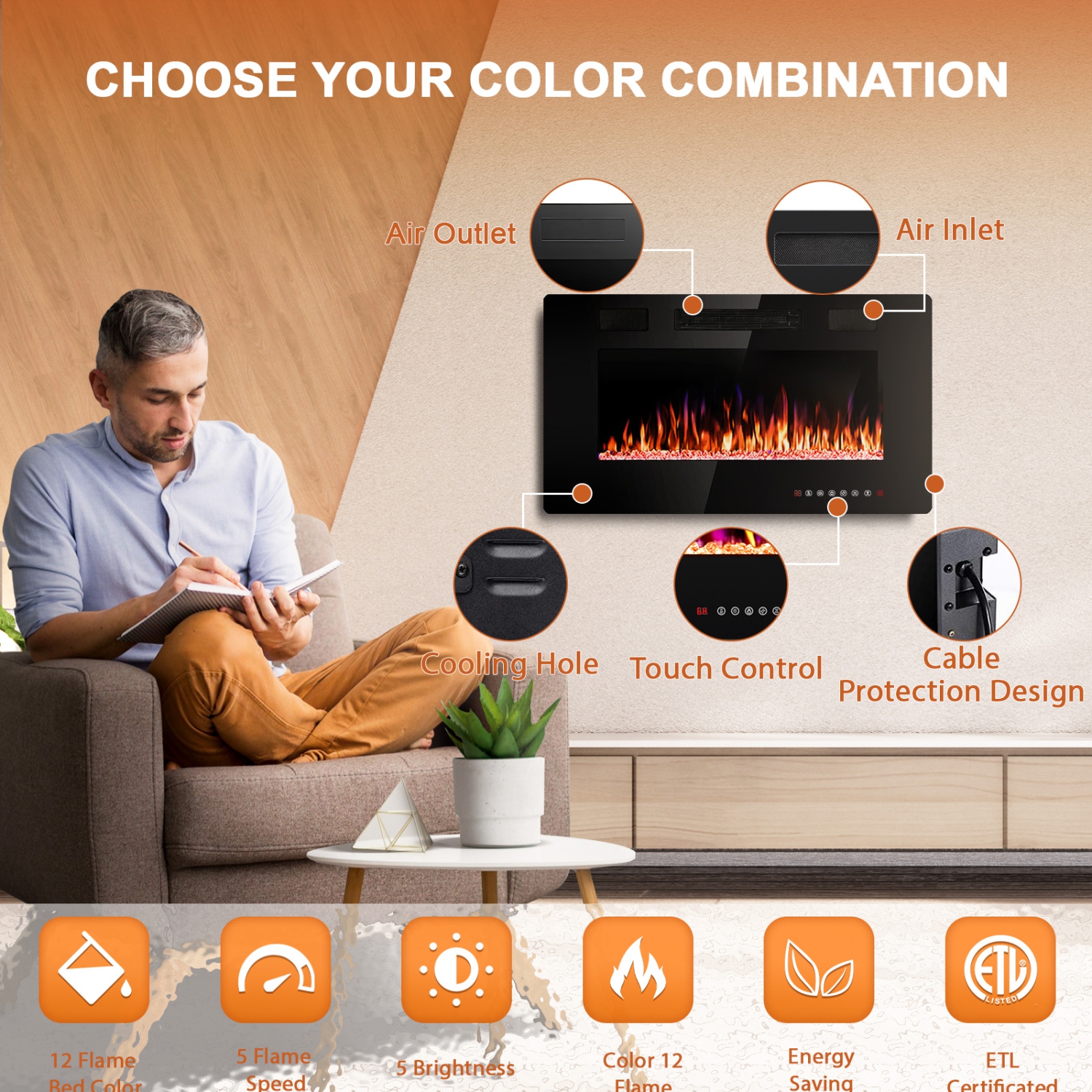 30 inch Wall Mounted Recessed Electric Fireplace Insert Flush Mount Linear Fireplace, Ultra-Thin Lightweight LED Fireplace Heater Fit 2x4&2x6 Stud