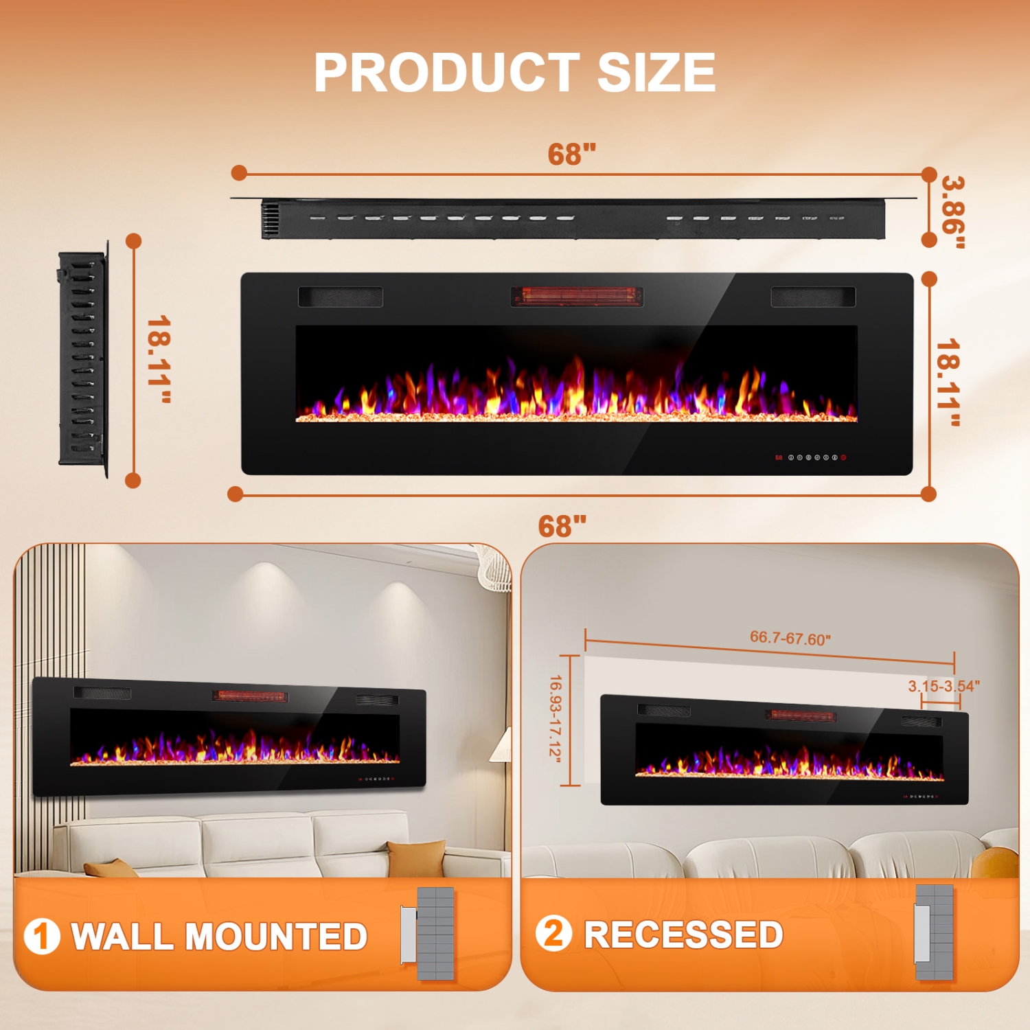Antarctic Star 68 inch Wall Mounted Recessed Electric Fireplace Insert Flush Mount Linear Fireplace, Ultra-Thin Lightweight LED Fireplace Heater Fit