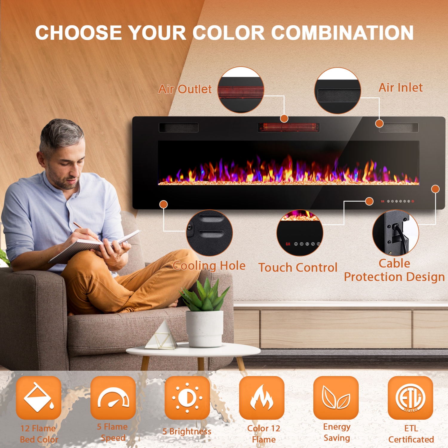 Antarctic Star 68 inch Wall Mounted Recessed Electric Fireplace Insert Flush Mount Linear Fireplace, Ultra-Thin Lightweight LED Fireplace Heater Fit