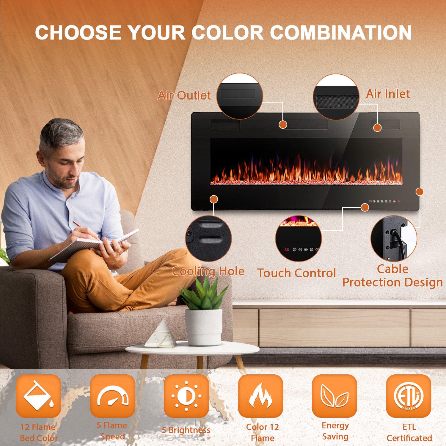 Antarctic Star 42 inch Wall Mounted Recessed Electric Fireplace Insert Flush Mount Linear Fireplace, Ultra-Thin Lightweight LED Fireplace Heater Fit