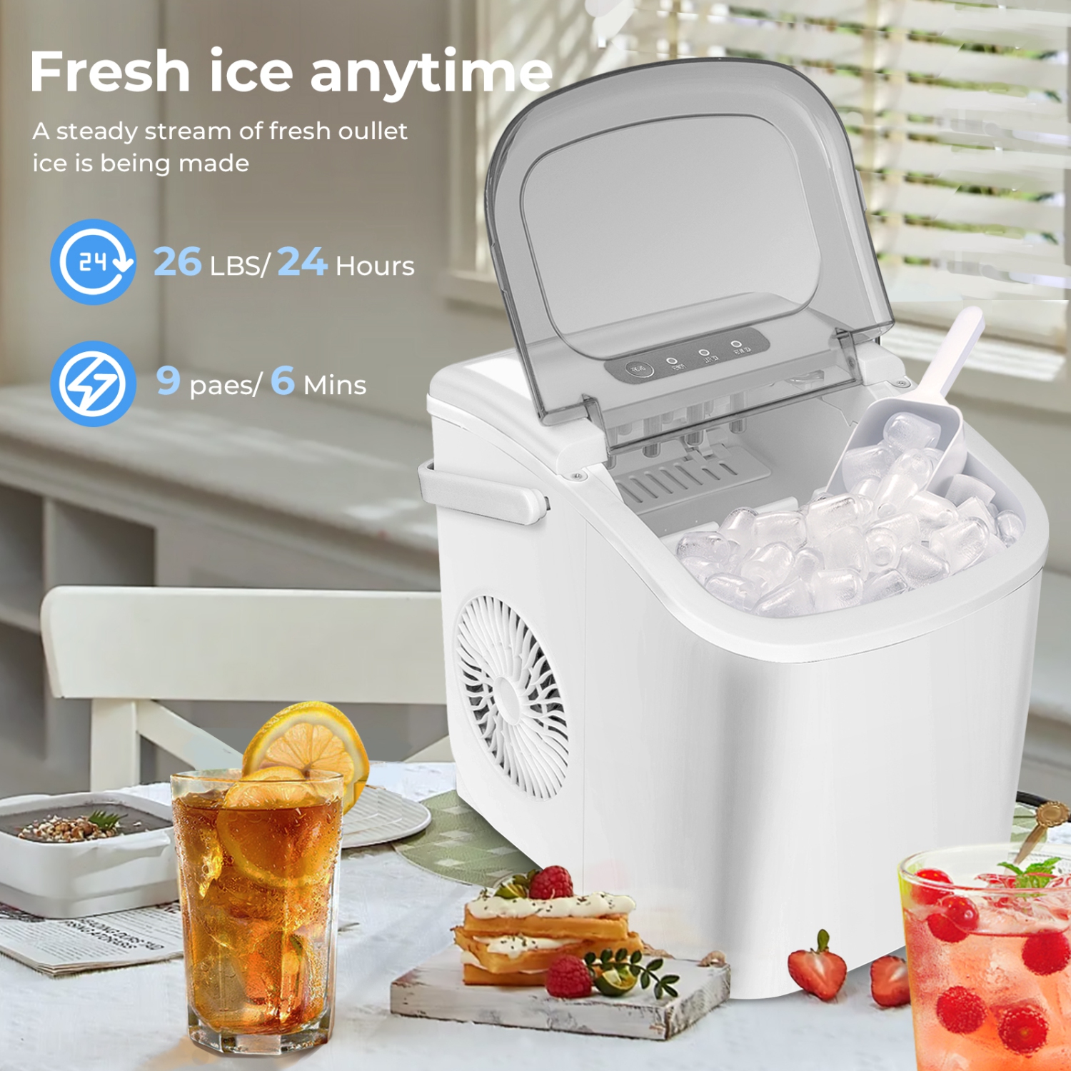 Antarctic Star Portable Ice Maker,Countertop Model,Self-Cleaning,26.5lbs/24Hrs,6 Mins/9 Pcs Bullet Ice,Includes Ice Scoop and Basket,White