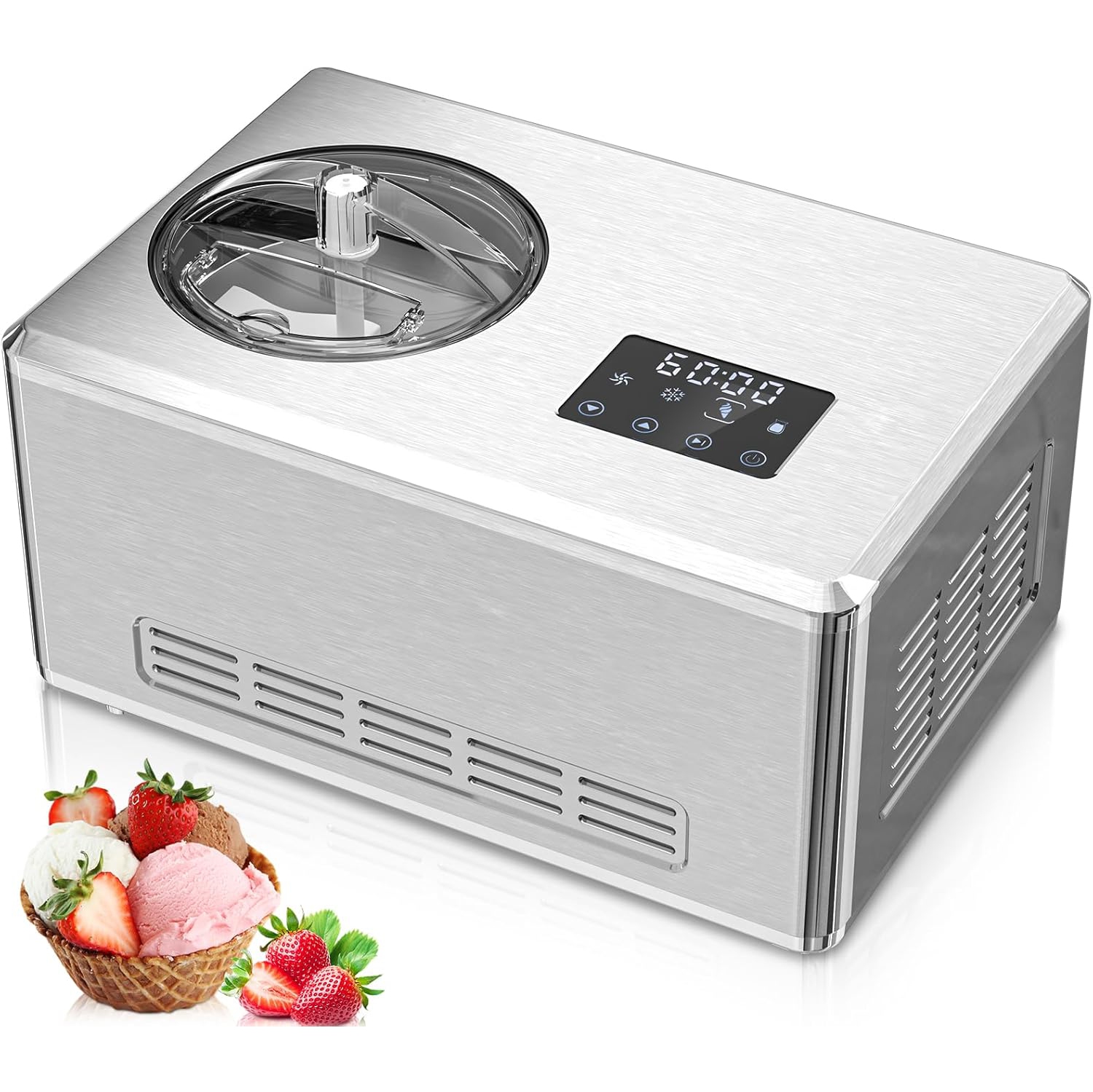 Antarctic Star 2.1 Quart Ice Cream Maker Machine with Built-in Compressor, No Pre-freezing, Frozen Yogurt, Keep-cooling and Timer, Stainless Steel