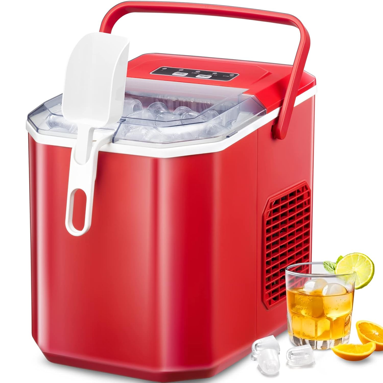 Antarctic Star Portable Ice Maker,self-cleaning,makes 9 cubes in 6 minutes,26.5 lbs/24h,includes ice scoop and basket,2 ice cube sizes for home,Red