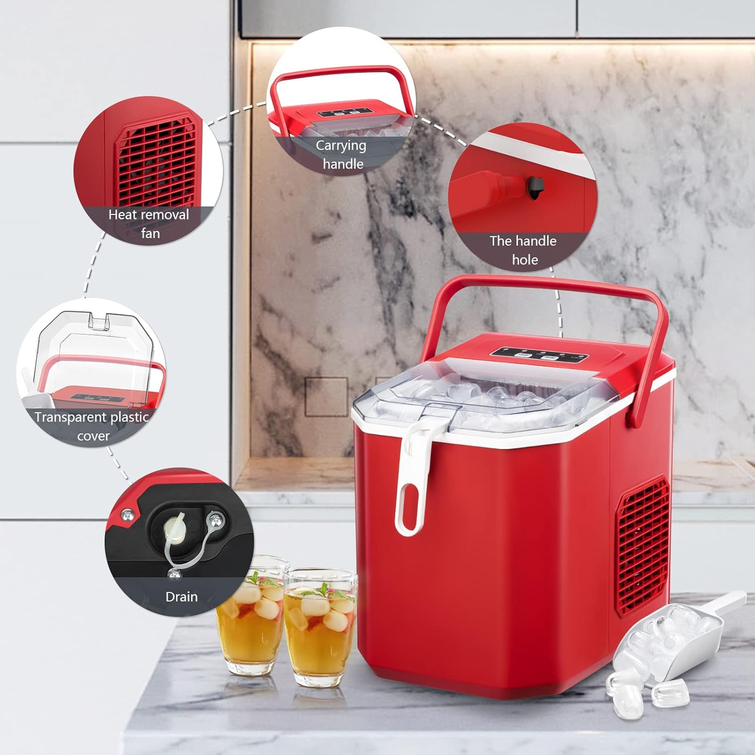 Antarctic Star Portable Ice Maker,self-cleaning,makes 9 cubes in 6 minutes,26.5 lbs/24h,includes ice scoop and basket,2 ice cube sizes for home,Red