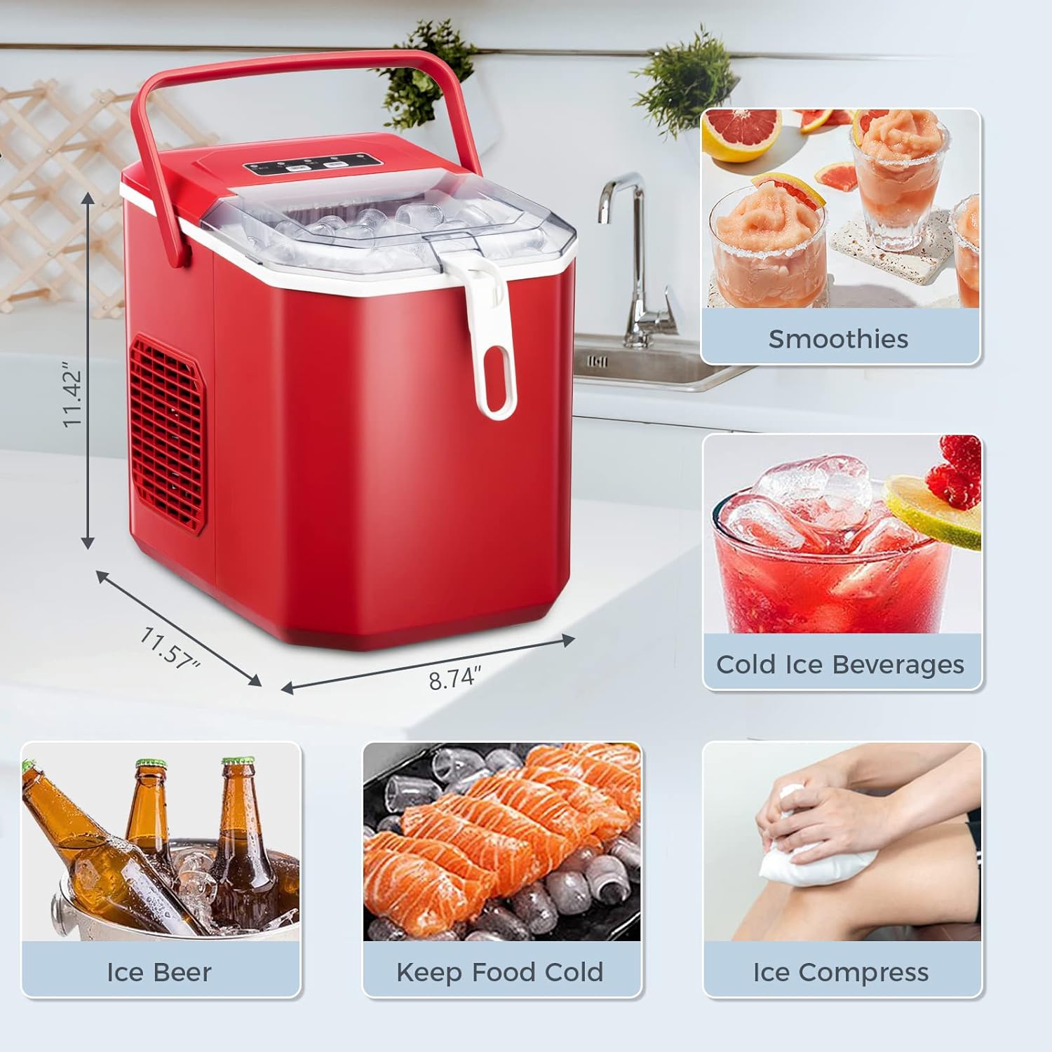 Antarctic Star Portable Ice Maker,self-cleaning,makes 9 cubes in 6 minutes,26.5 lbs/24h,includes ice scoop and basket,2 ice cube sizes for home,Red