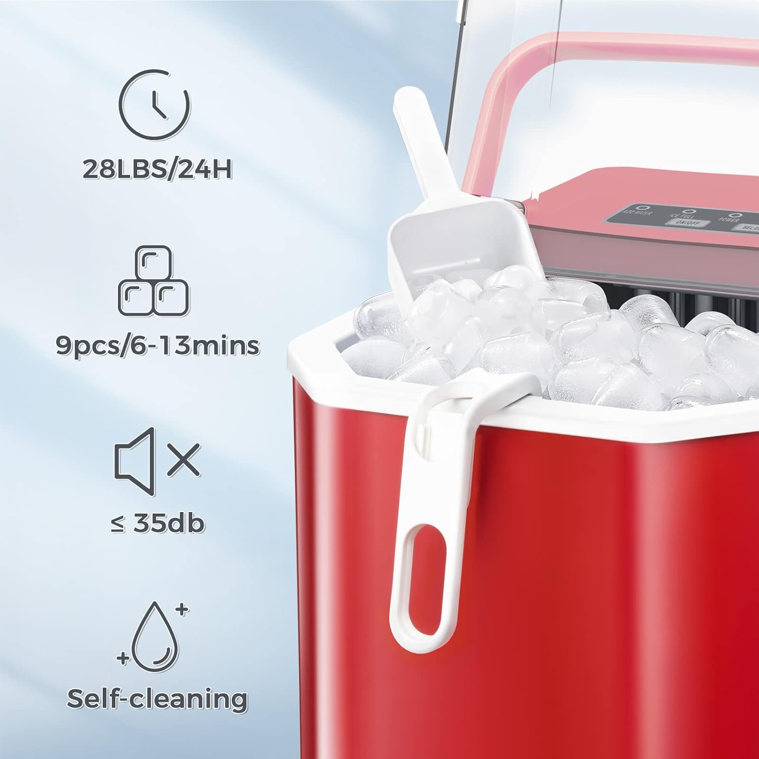 Antarctic Star Portable Ice Maker,self-cleaning,makes 9 cubes in 6 minutes,26.5 lbs/24h,includes ice scoop and basket,2 ice cube sizes for home,Red