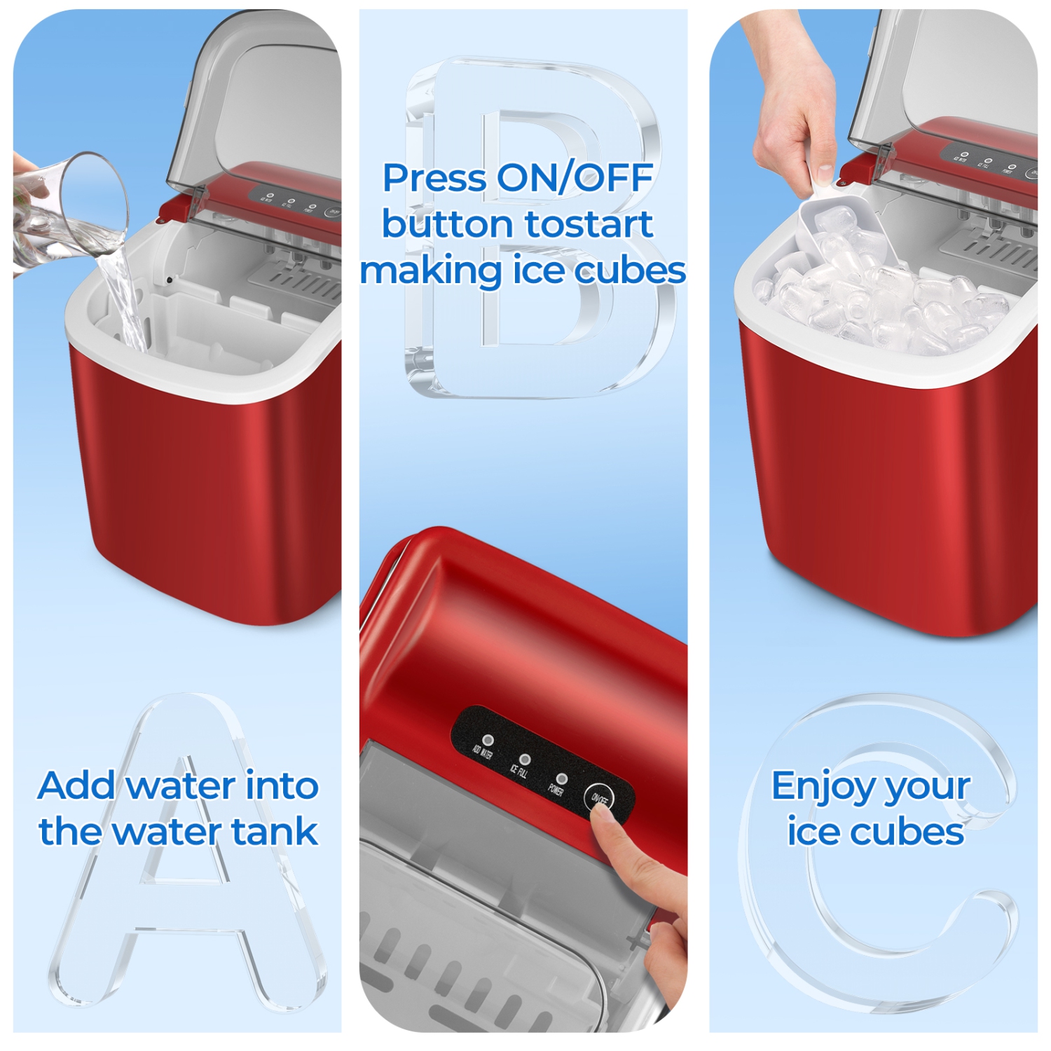 Antarctic Star Portable Ice Maker,Countertop Model,Self-Cleaning,26.5lbs/24Hrs,6 Mins/9 Pcs Bullet Ice,Includes Ice Scoop and Basket,Red