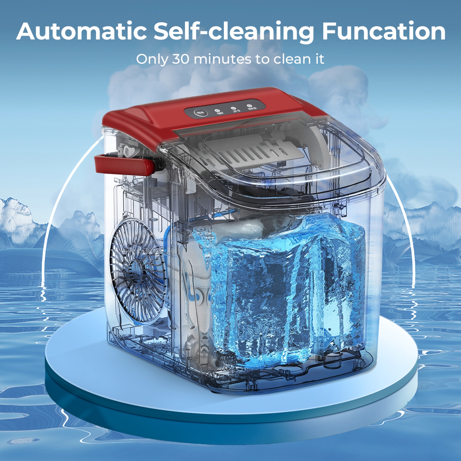 Antarctic Star Portable Ice Maker,Countertop Model,Self-Cleaning,26.5lbs/24Hrs,6 Mins/9 Pcs Bullet Ice,Includes Ice Scoop and Basket,Red