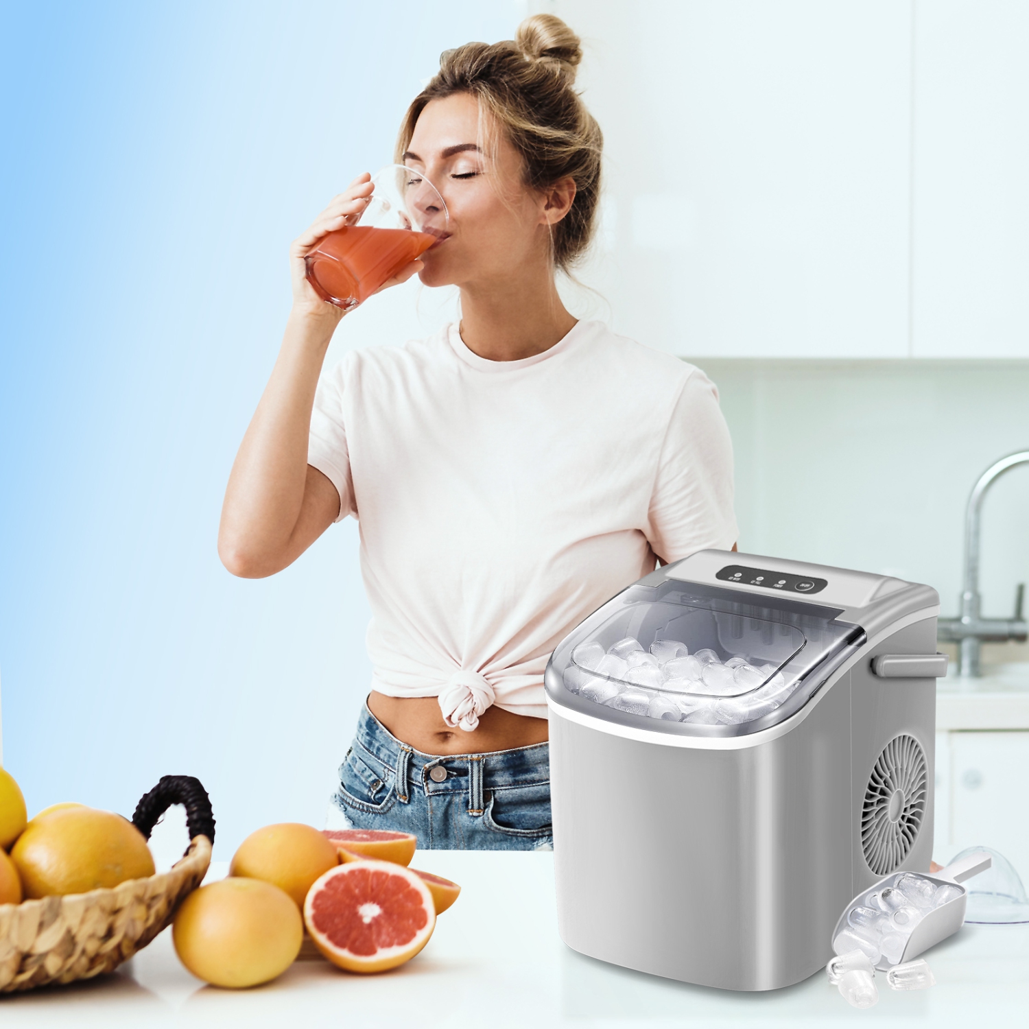 Antarctic Star Portable Ice Maker,Countertop Model,Self-Cleaning,26.5lbs/24Hrs,6 Mins/9 Pcs Bullet Ice,Includes Ice Scoop and Basket,Grey