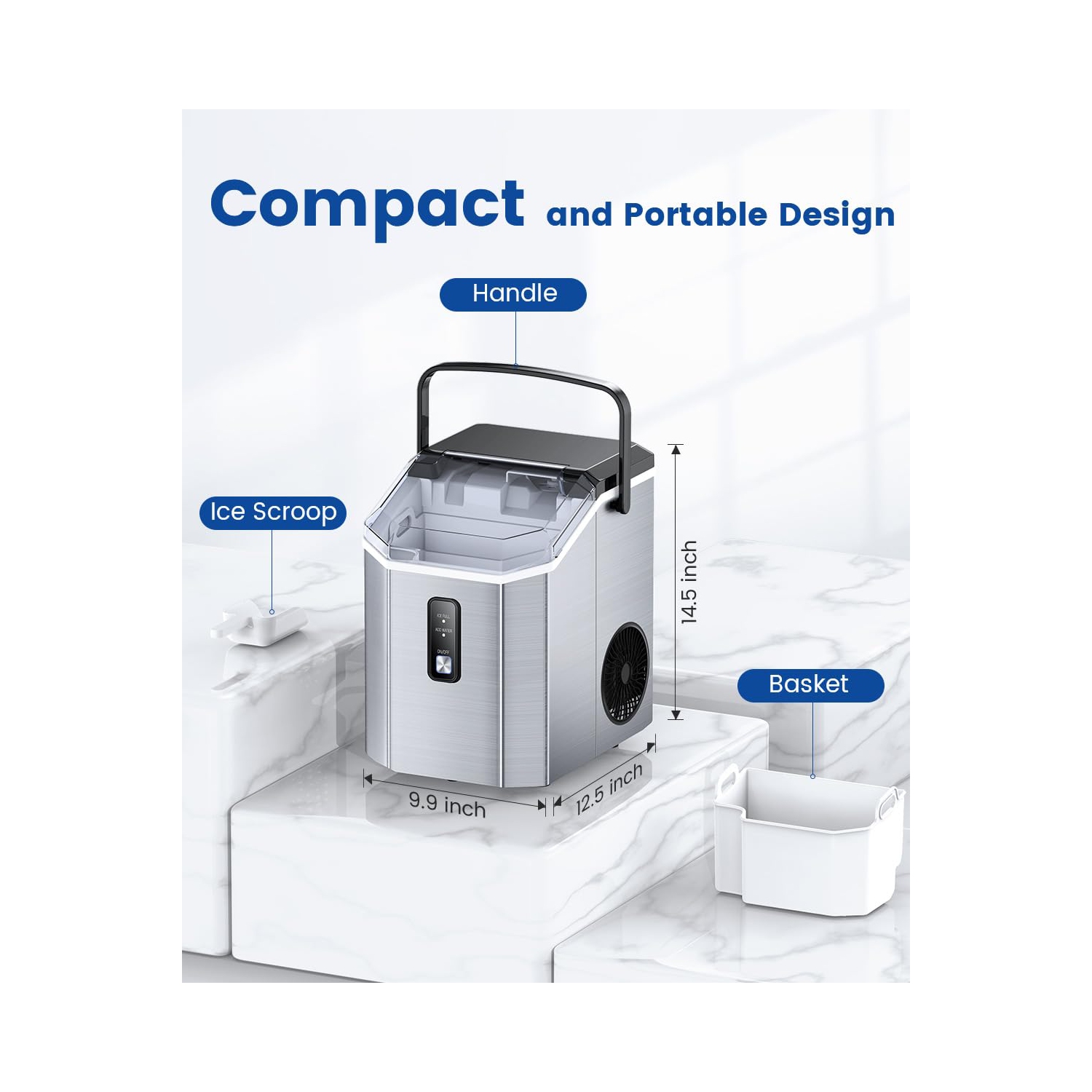Antarctic Star Nugget Ice Maker Countertop, Portable Ice Maker Machine with Handle, Self-Cleaning, with Ice Scoop and Basket, Stainless Steel Silver