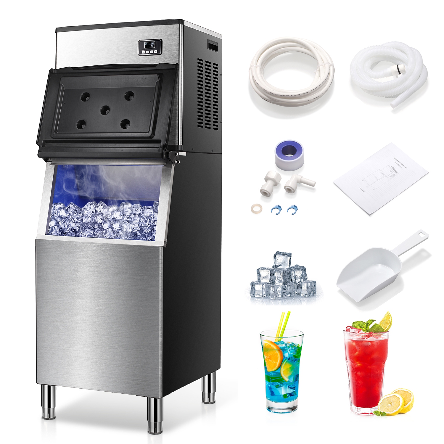 Antarctic Star Ice Maker Machine Commercialuring a 352 lbs/24H production capacity, includes a 198 lbs ice bin and comes with a scoop