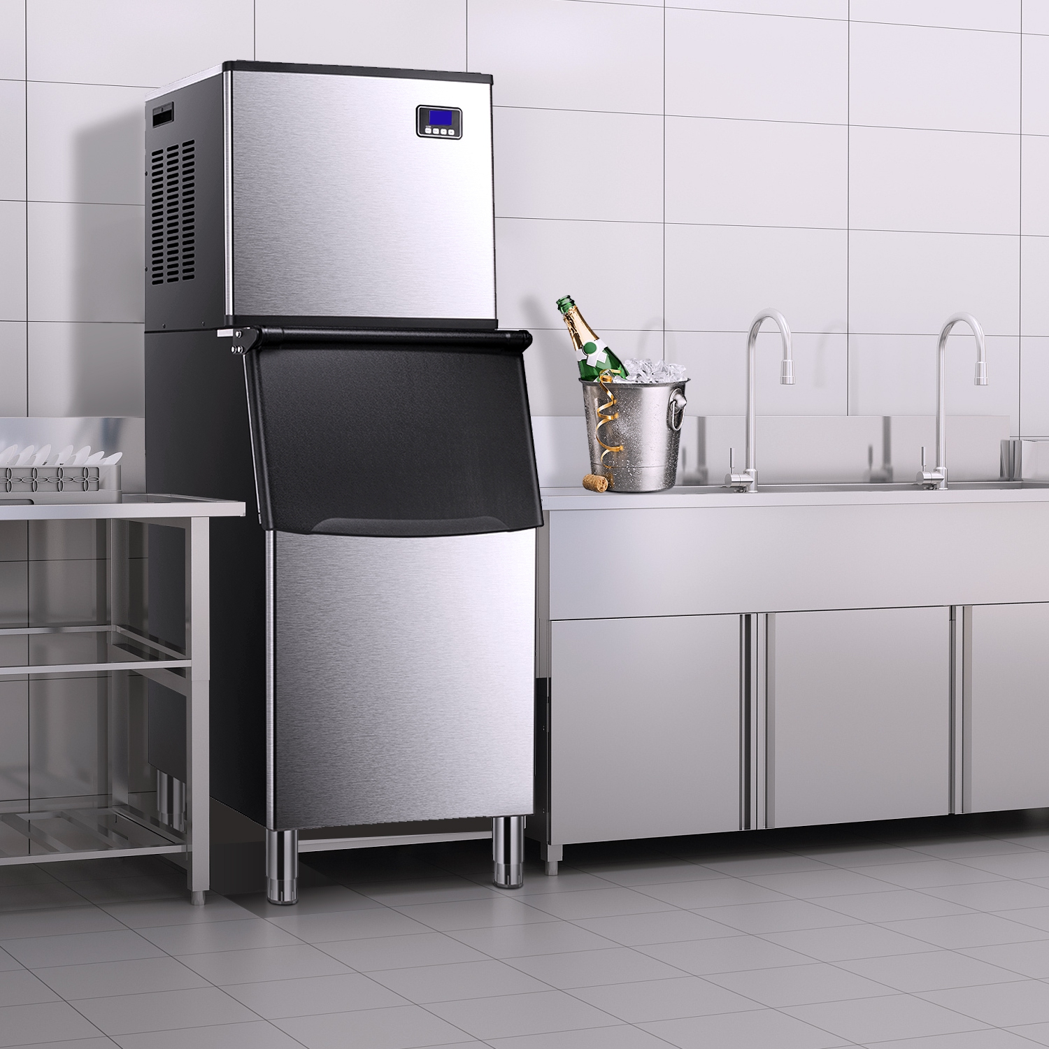 Antarctic Star Ice Maker Machine Commercialuring a 352 lbs/24H production capacity, includes a 198 lbs ice bin and comes with a scoop