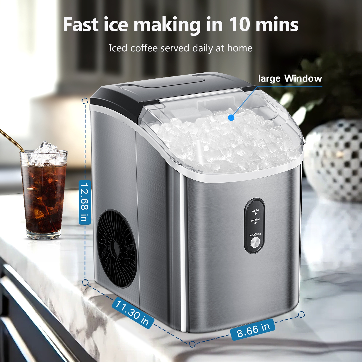 Antarctic Star Nugget Countertop Ice Maker with Soft Chewable Pellet Ice, Self-Cleaning, Sonic Ice, One-Click Operation, Stainless Steel Silver