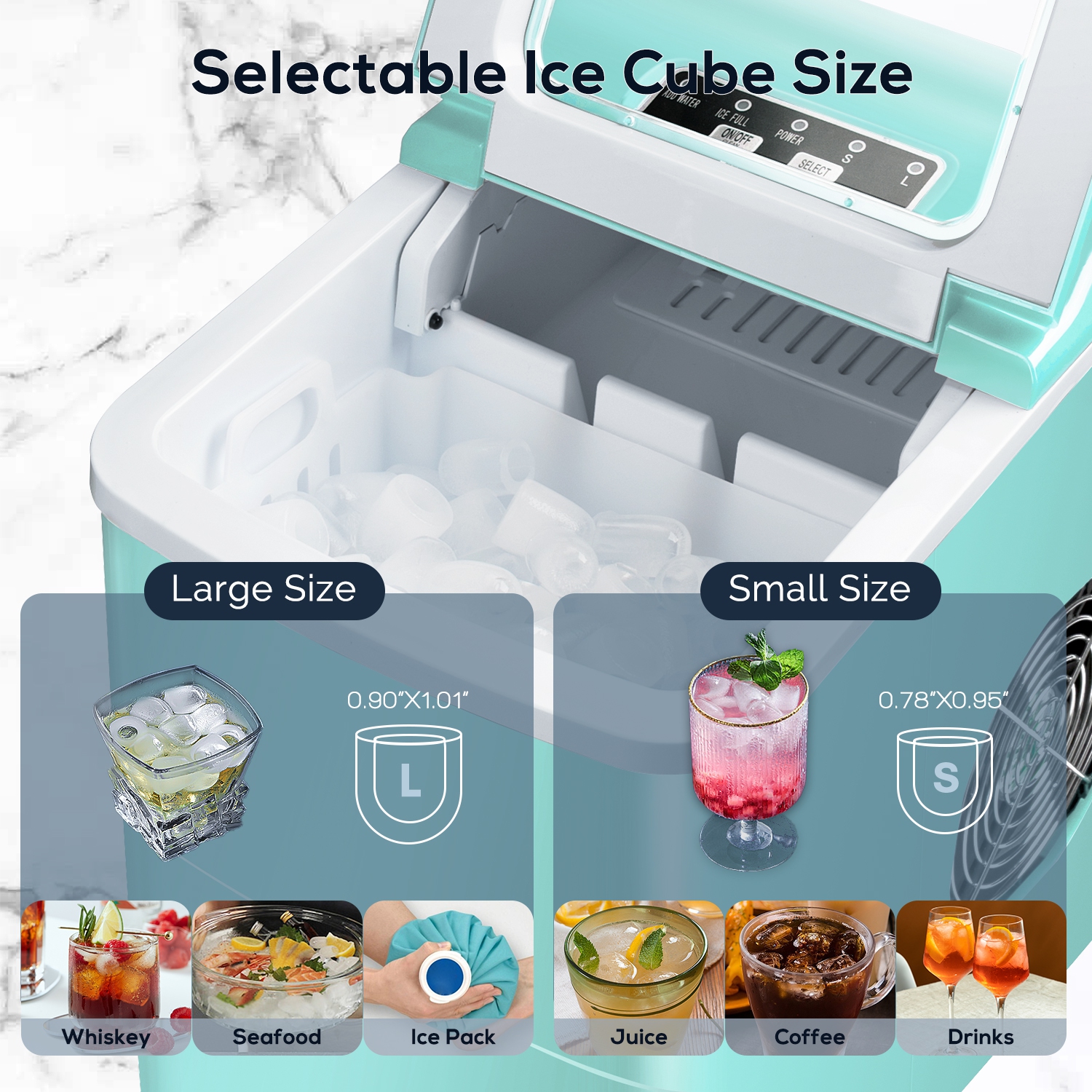 Antarctic Star Countertop Ice Maker with Self-Cleaning, producing 26.5 lbs of ice per day, makes 9 cubes in just 6 minutes, two sizes of bullet ice,