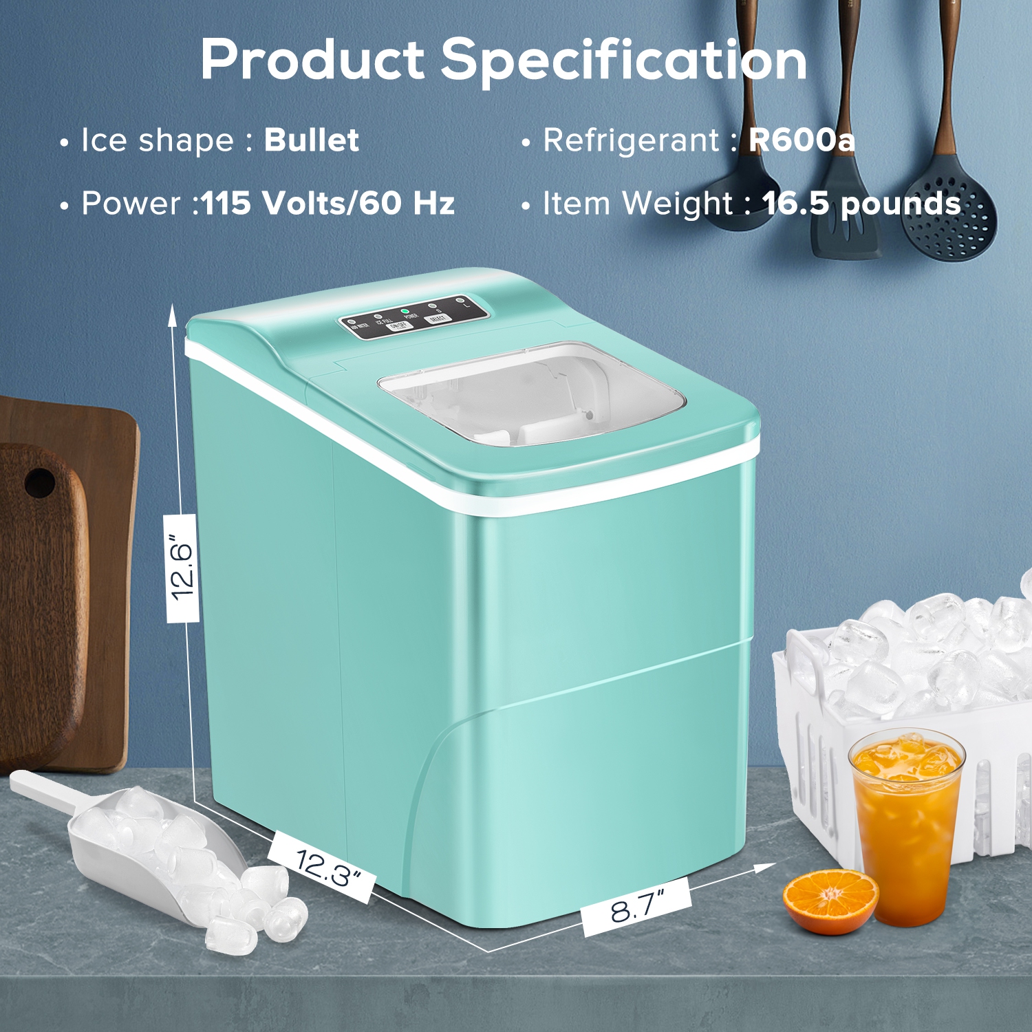 Antarctic Star Countertop Ice Maker with Self-Cleaning, producing 26.5 lbs of ice per day, makes 9 cubes in just 6 minutes, two sizes of bullet ice,