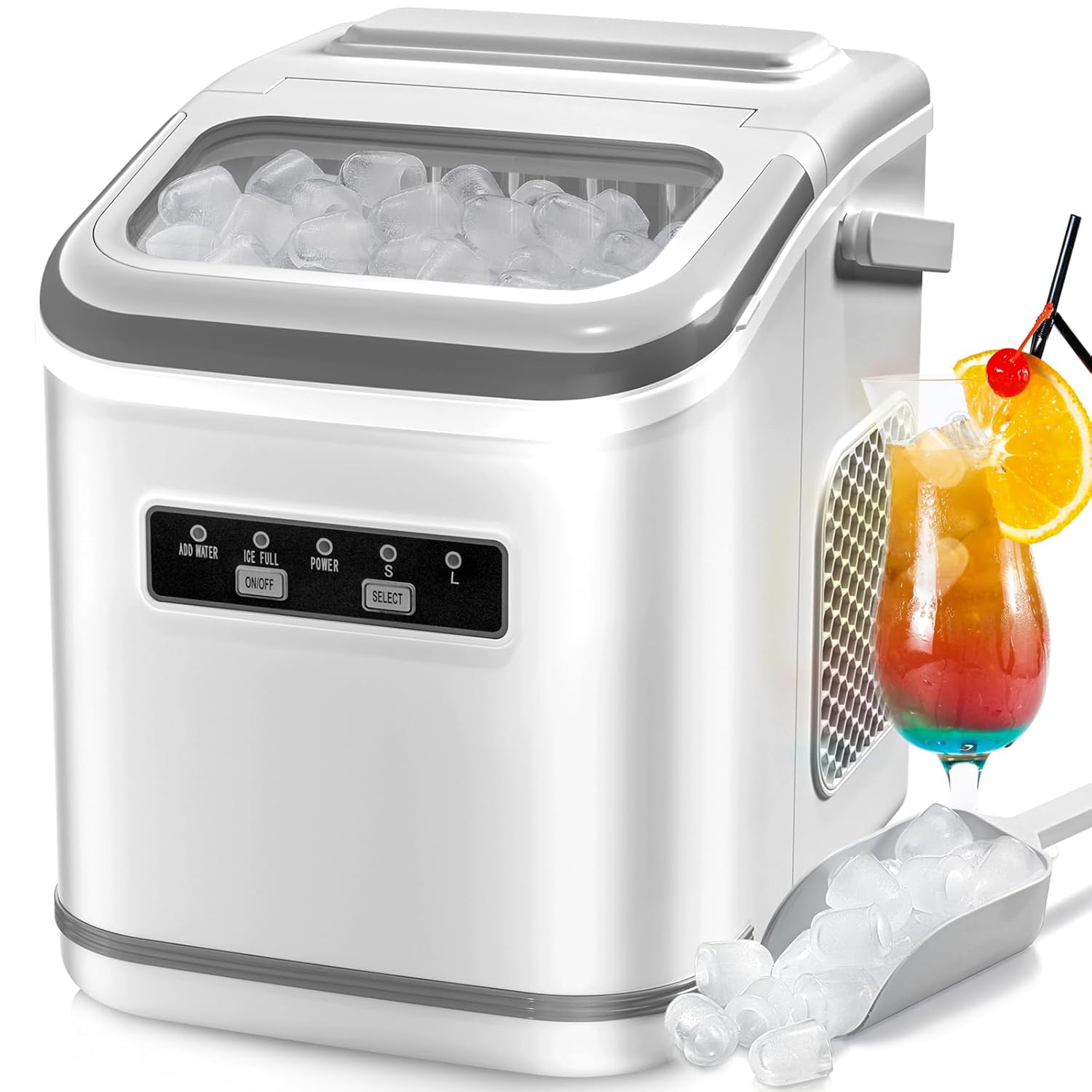 Antarctic Star Countertop Ice Maker, producing 9 bullet ice cubes in 6 minutes and 26.5 lbs of ice per 24 hours and includes a basket and scoop,WHITE