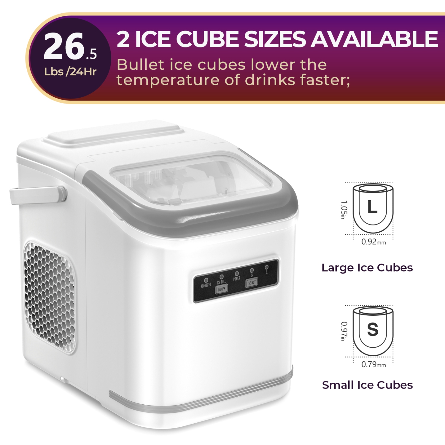 Antarctic Star Countertop Ice Maker, producing 9 bullet ice cubes in 6 minutes and 26.5 lbs of ice per 24 hours and includes a basket and scoop,WHITE