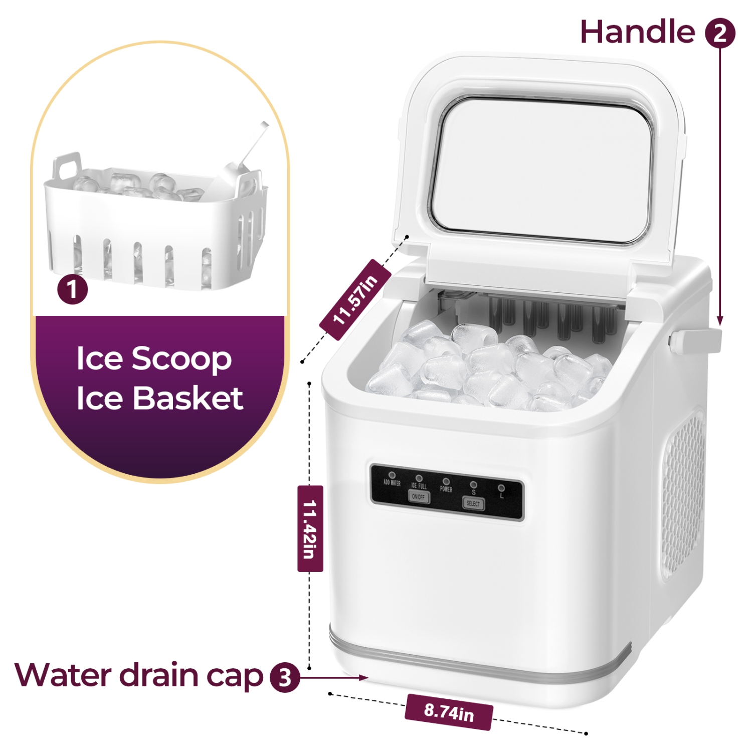 Antarctic Star Countertop Ice Maker, producing 9 bullet ice cubes in 6 minutes and 26.5 lbs of ice per 24 hours and includes a basket and scoop,WHITE