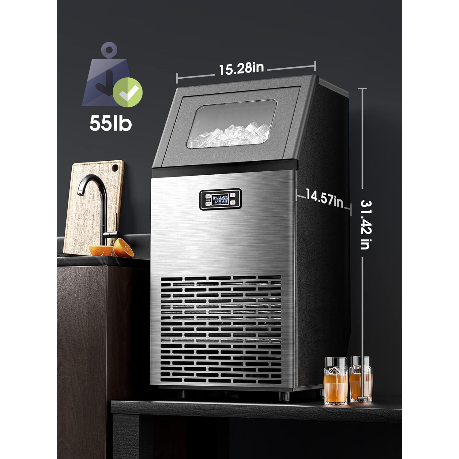 Antarctic Star Stainless Steel Commercial Ice Machine, 24-Hour Timer, Ice Thickness Control, and Quick Self-Cleaning Function for Bar/Cafes/Home