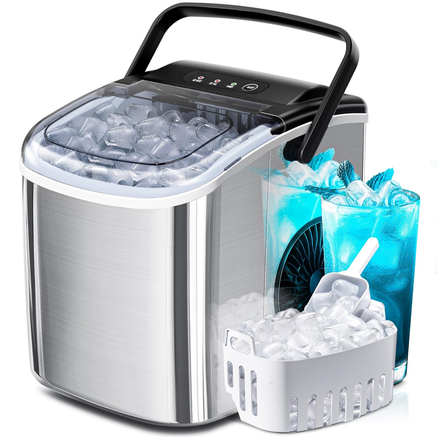 Antarctic Star Portable Ice Maker with Handle,26.5Lbs/24H,9 cubes in 6 mins,with self-cleaning,ice basket and scoop,great for home,bar,or