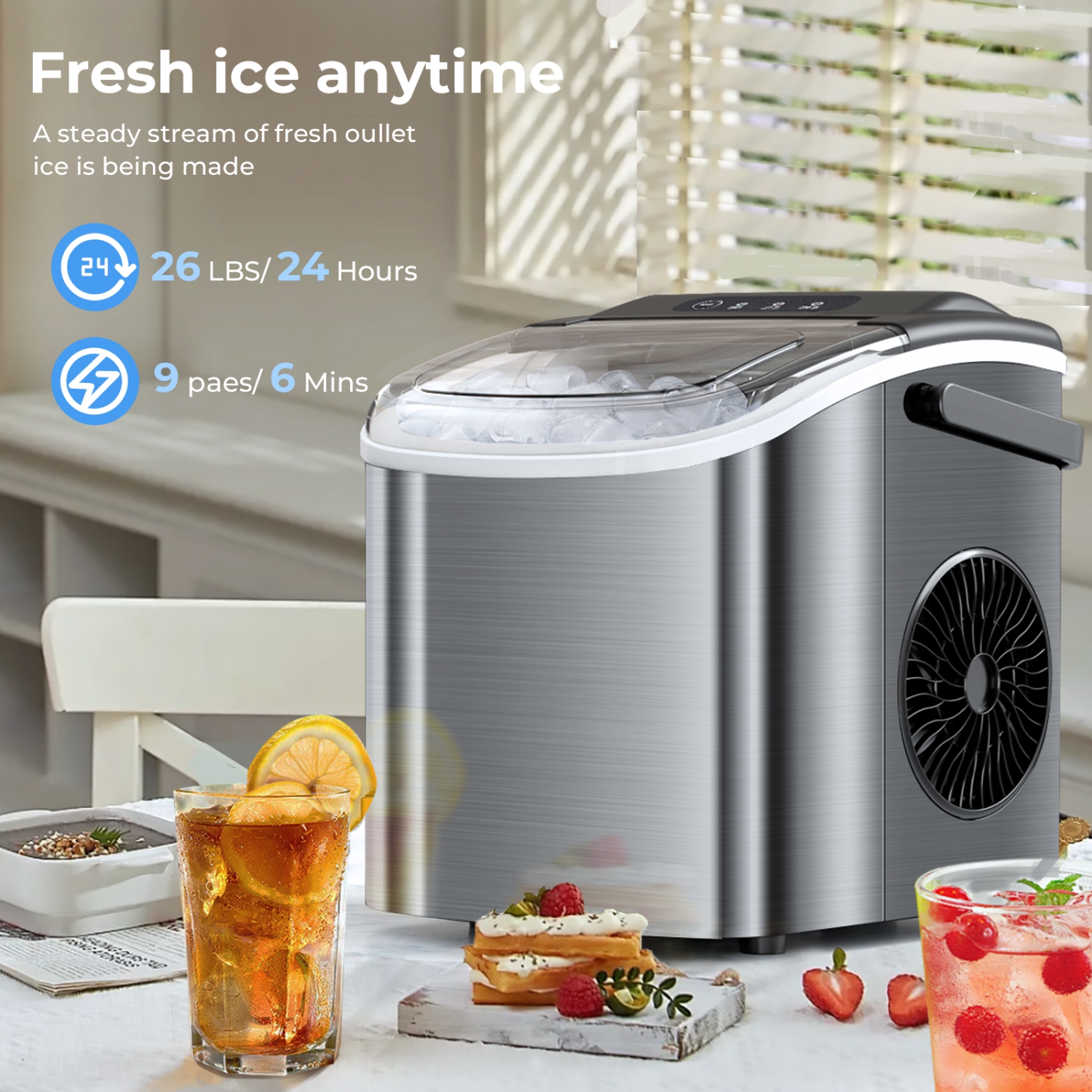 Antarctic Star Portable Ice Maker with Handle,26.5Lbs/24H,9 cubes in 6 mins,with self-cleaning,ice basket and scoop,great for home,bar,or