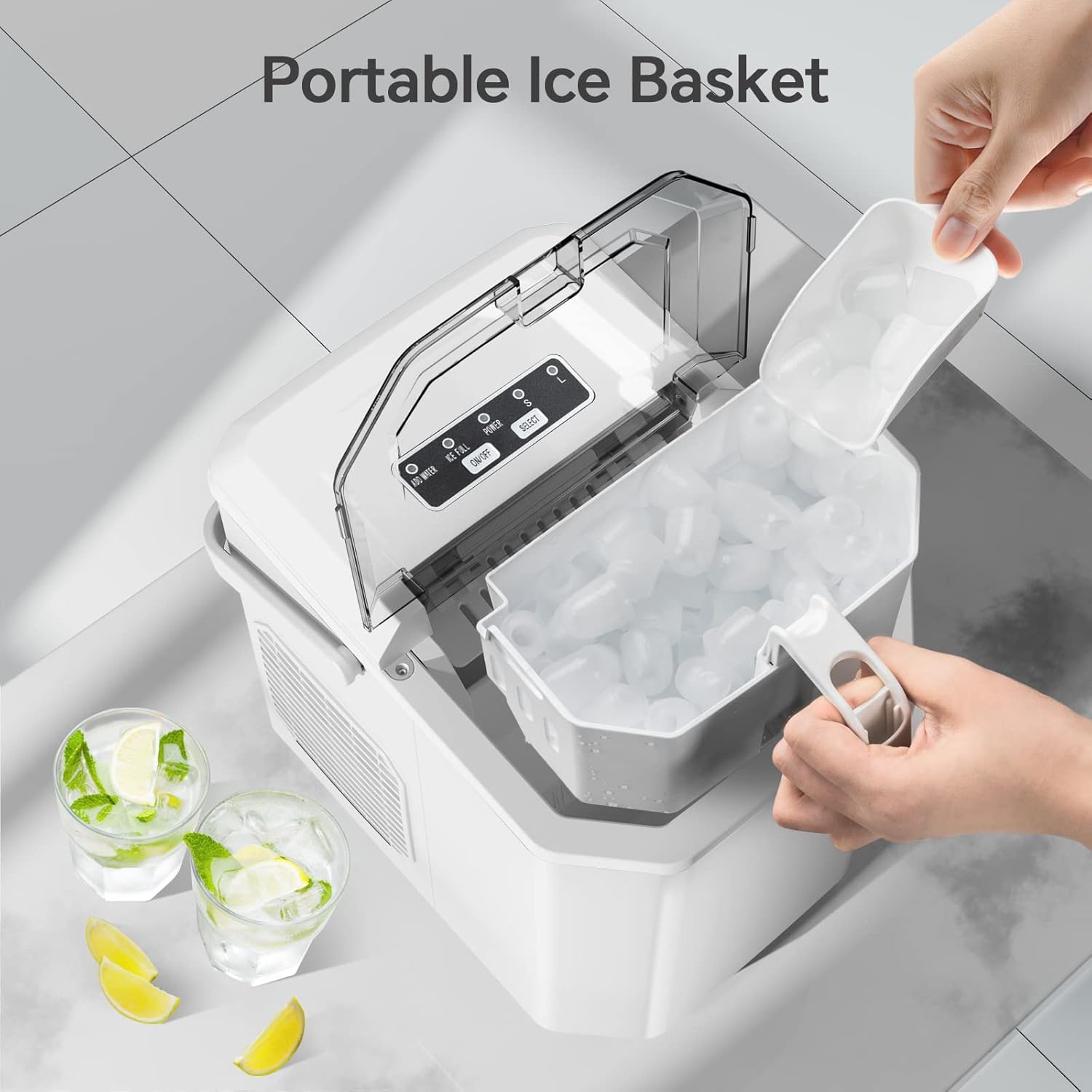 Antarctic Star Portable Ice Maker, self-cleaning, makes 9 cubes in 6 minutes, 26.5 lbs/24h, includes ice scoop and basket, 2 ice cube sizes for home,