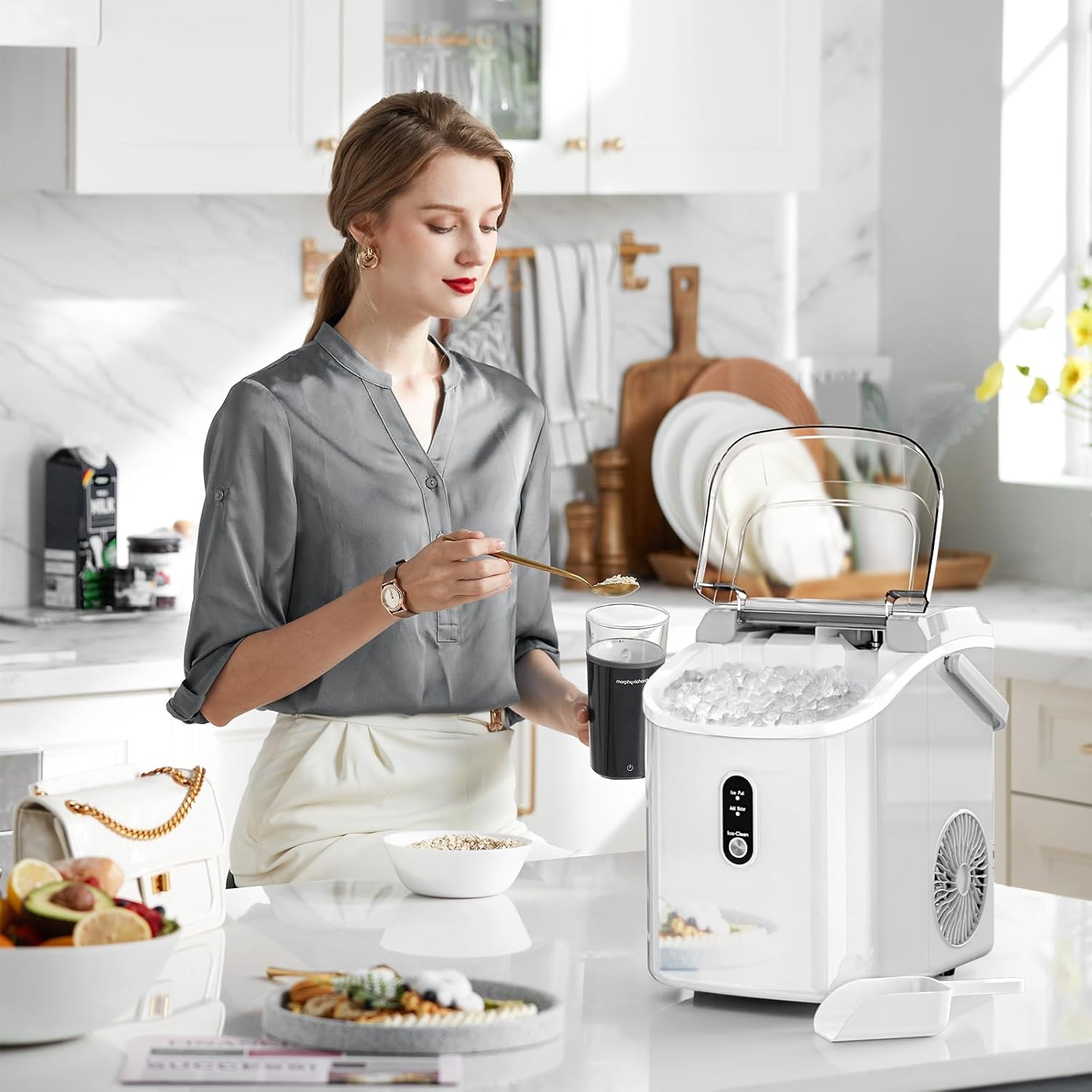 Antarctic Star Nugget Countertop Ice Maker with Soft Chewable Ice, Pebble Portable Machine Scoop, Self-Cleaning, One-Click Operation, White