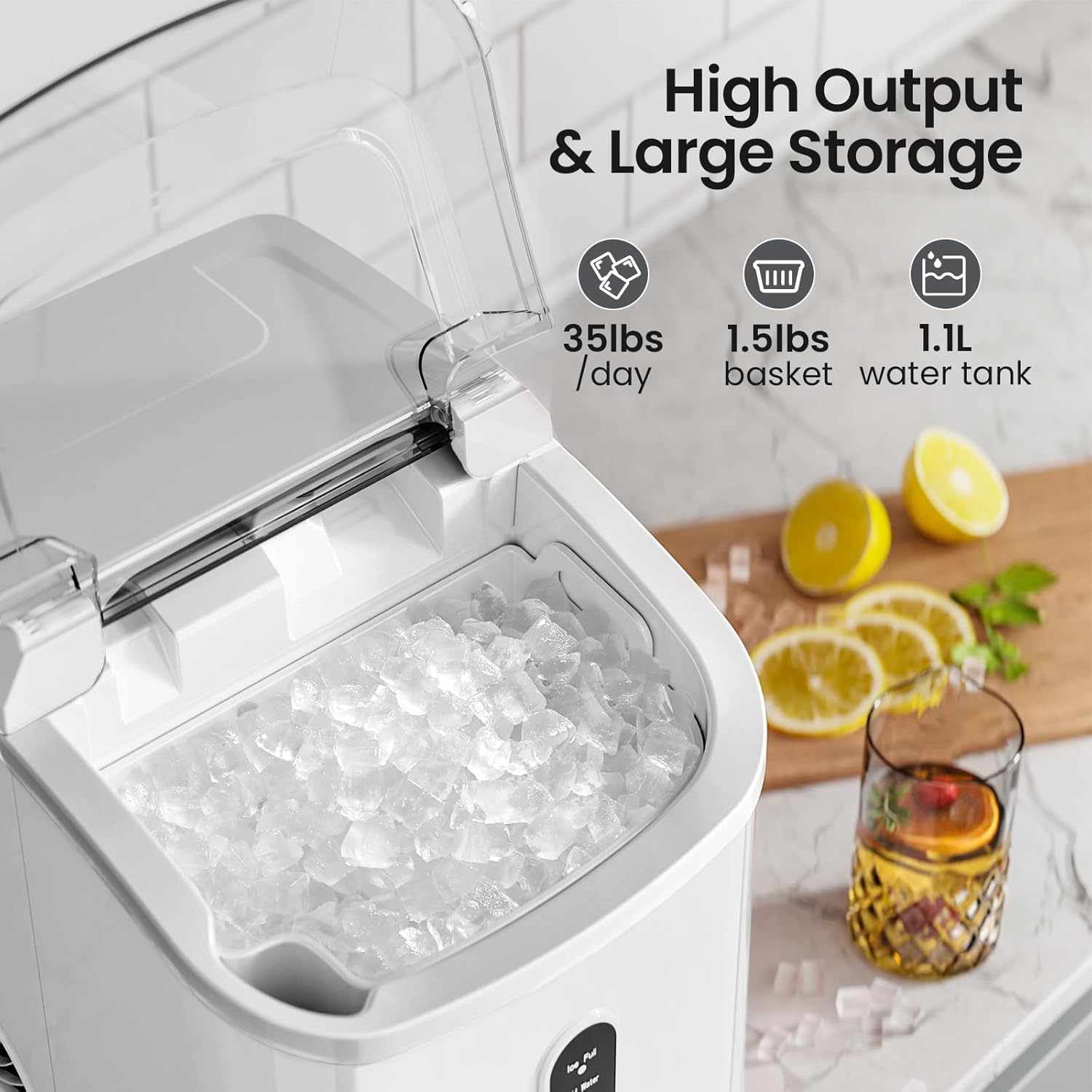 Antarctic Star Nugget Countertop Ice Maker with Soft Chewable Ice, Pebble Portable Machine Scoop, Self-Cleaning, One-Click Operation, White