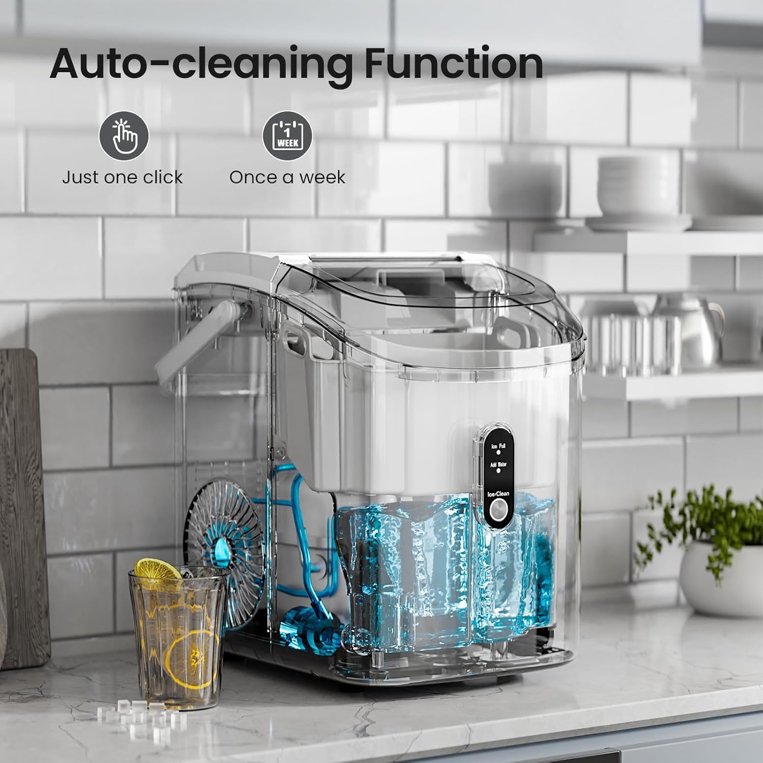 Antarctic Star Nugget Countertop Ice Maker with Soft Chewable Ice, Pebble Portable Machine Scoop, Self-Cleaning, One-Click Operation, White